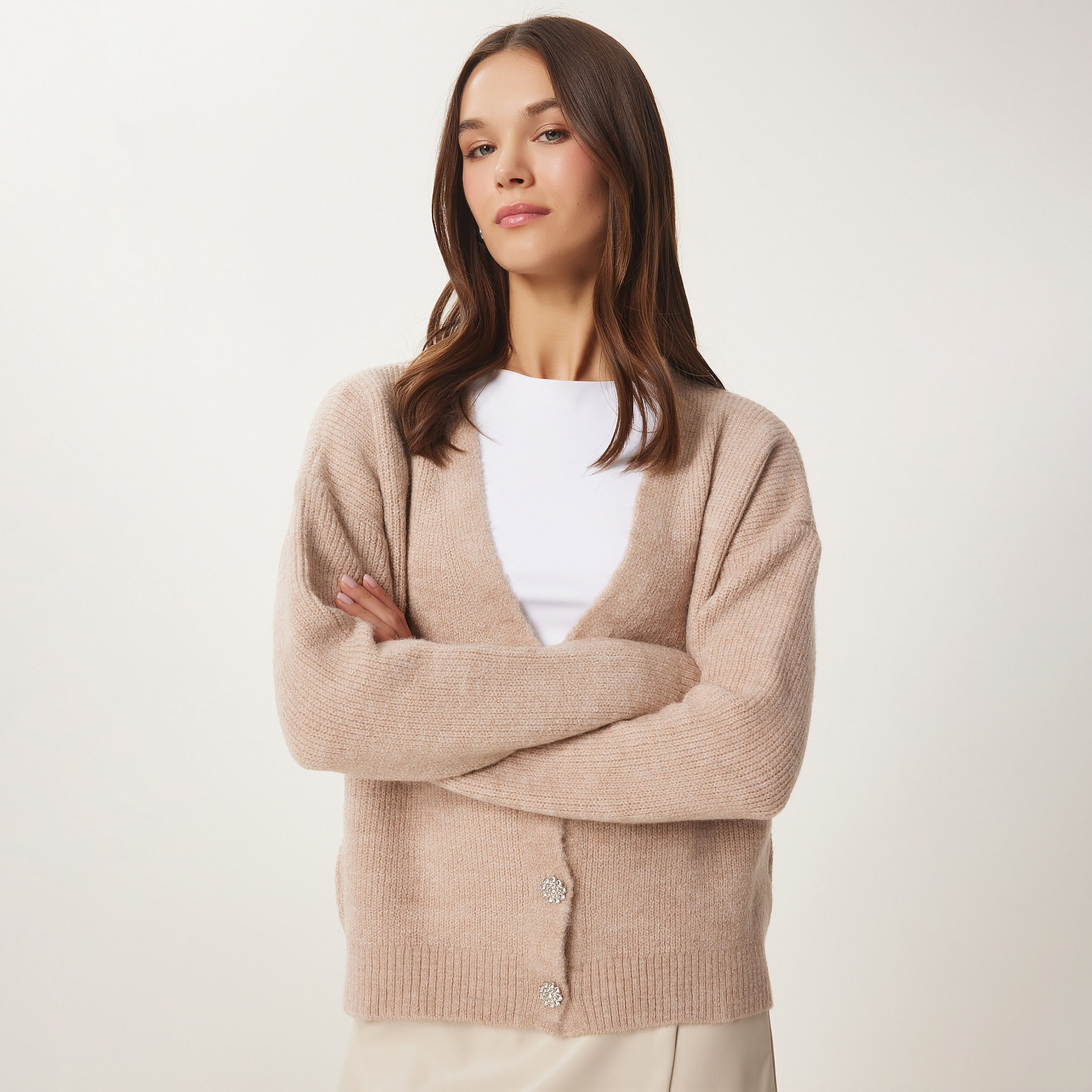 Happiness Istanbul Beige Knitted Dropped Sleeves Women's Cardigan-women-winterwear-cardigansandjumpers-cardigans-image-4