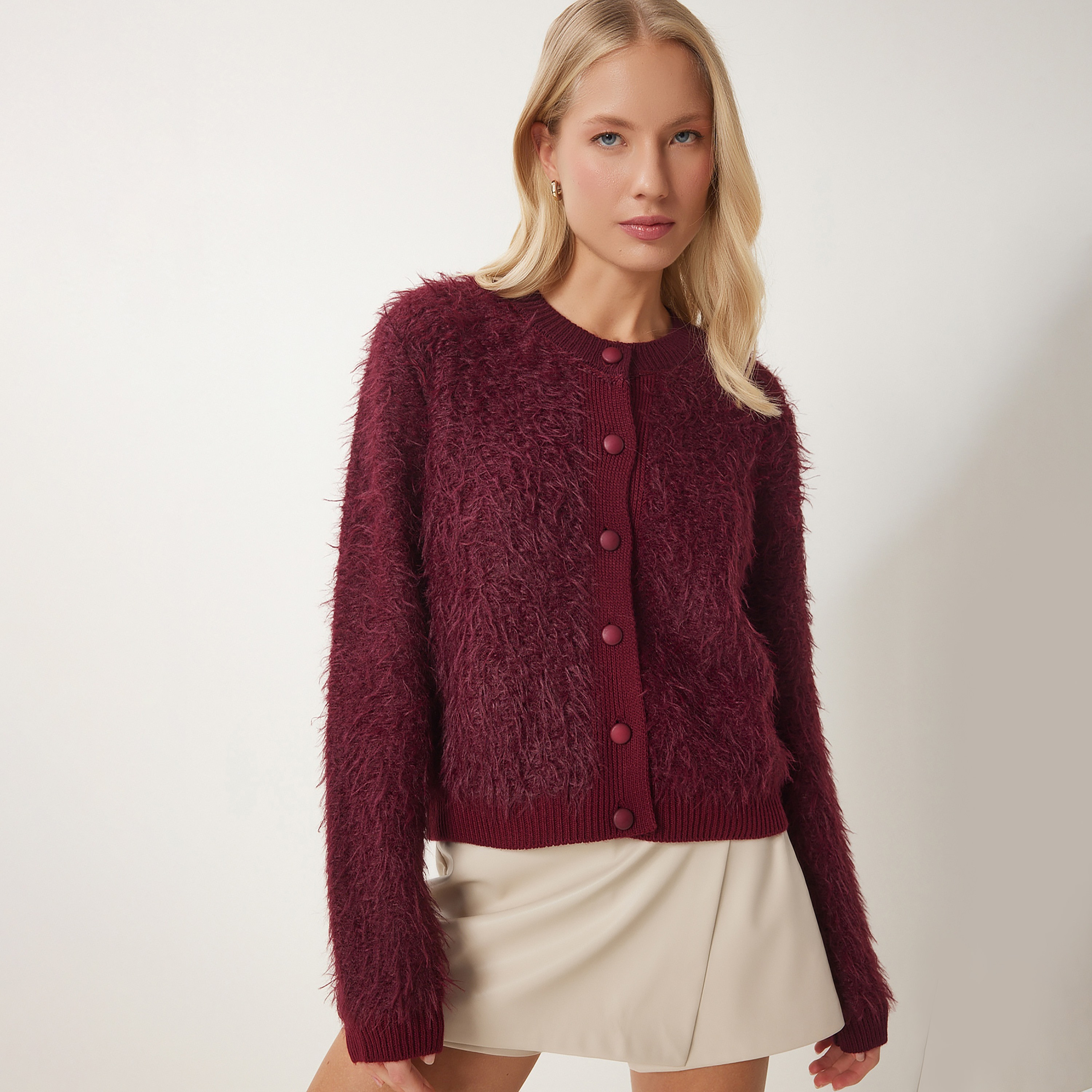 Happiness Istanbul Red Shaggy Knit Women's Cardigan-women-winterwear-cardigansandjumpers-cardigans-image-1