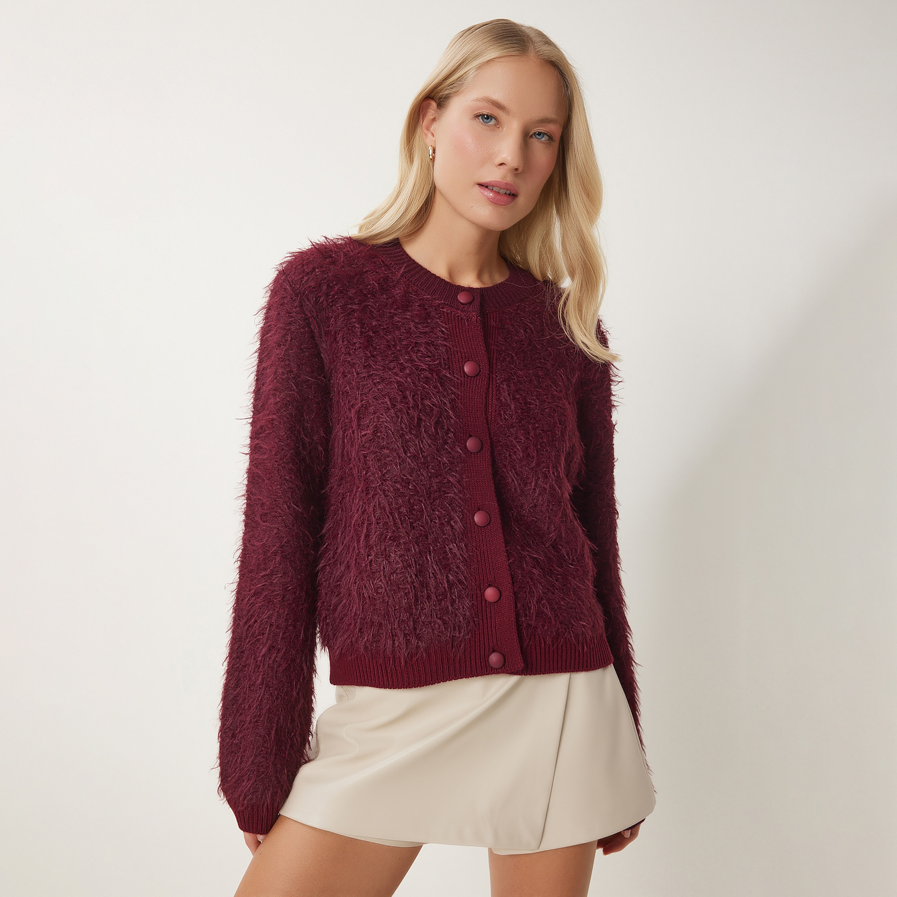 Happiness Istanbul Red Shaggy Knit Women's Cardigan-women-winterwear-cardigansandjumpers-cardigans-image-2