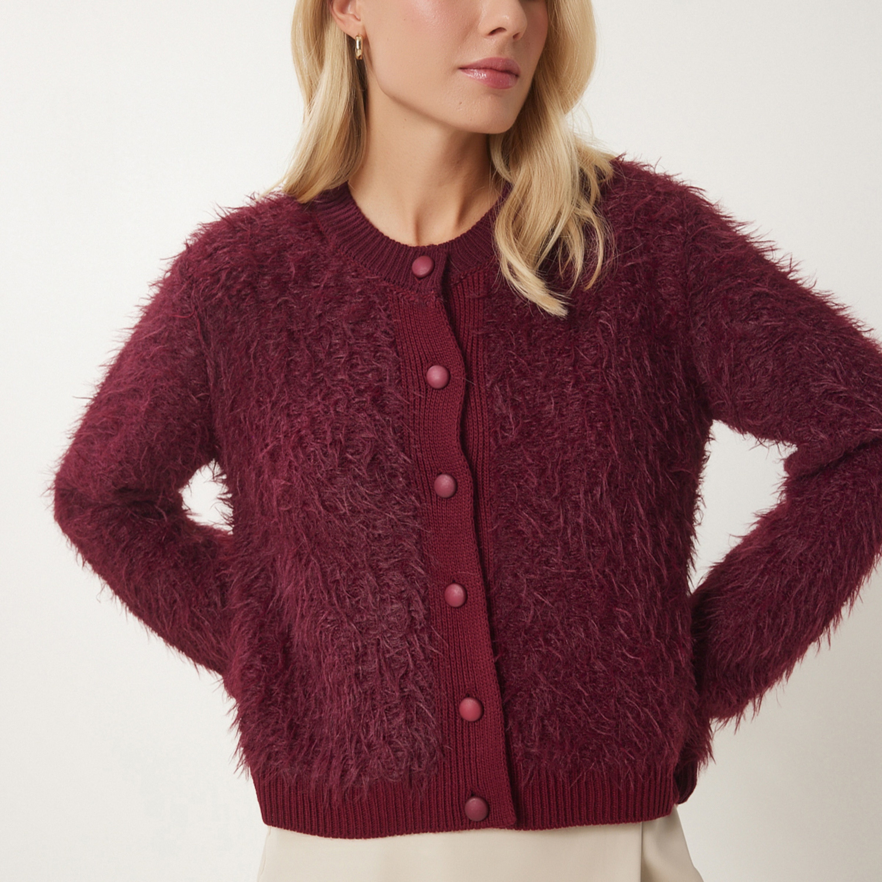 Happiness Istanbul Red Shaggy Knit Women's Cardigan-women-winterwear-cardigansandjumpers-cardigans-image-3