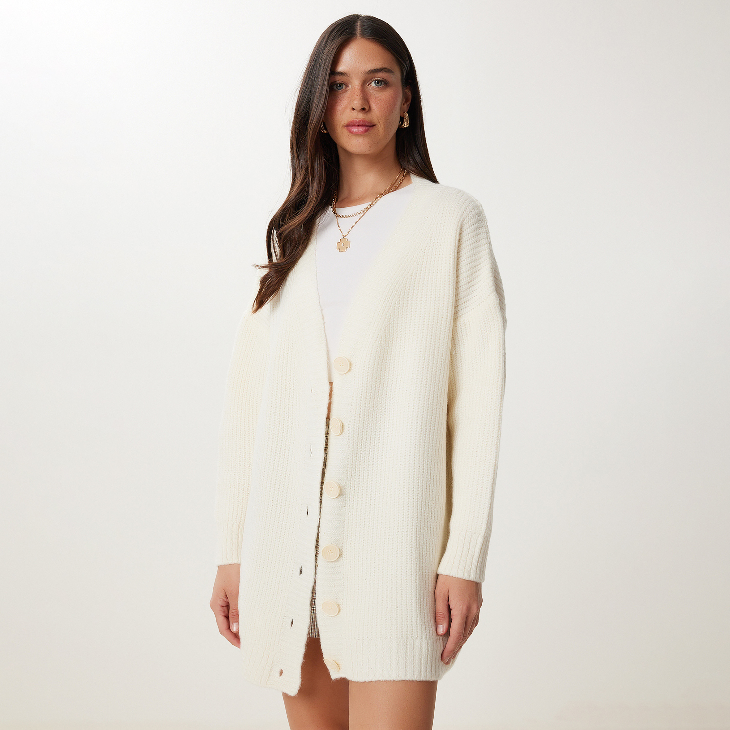 Happiness Istanbul White Knitted Dropped Sleeves Women's Cardigan-women-winterwear-cardigansandjumpers-cardigans-image-3