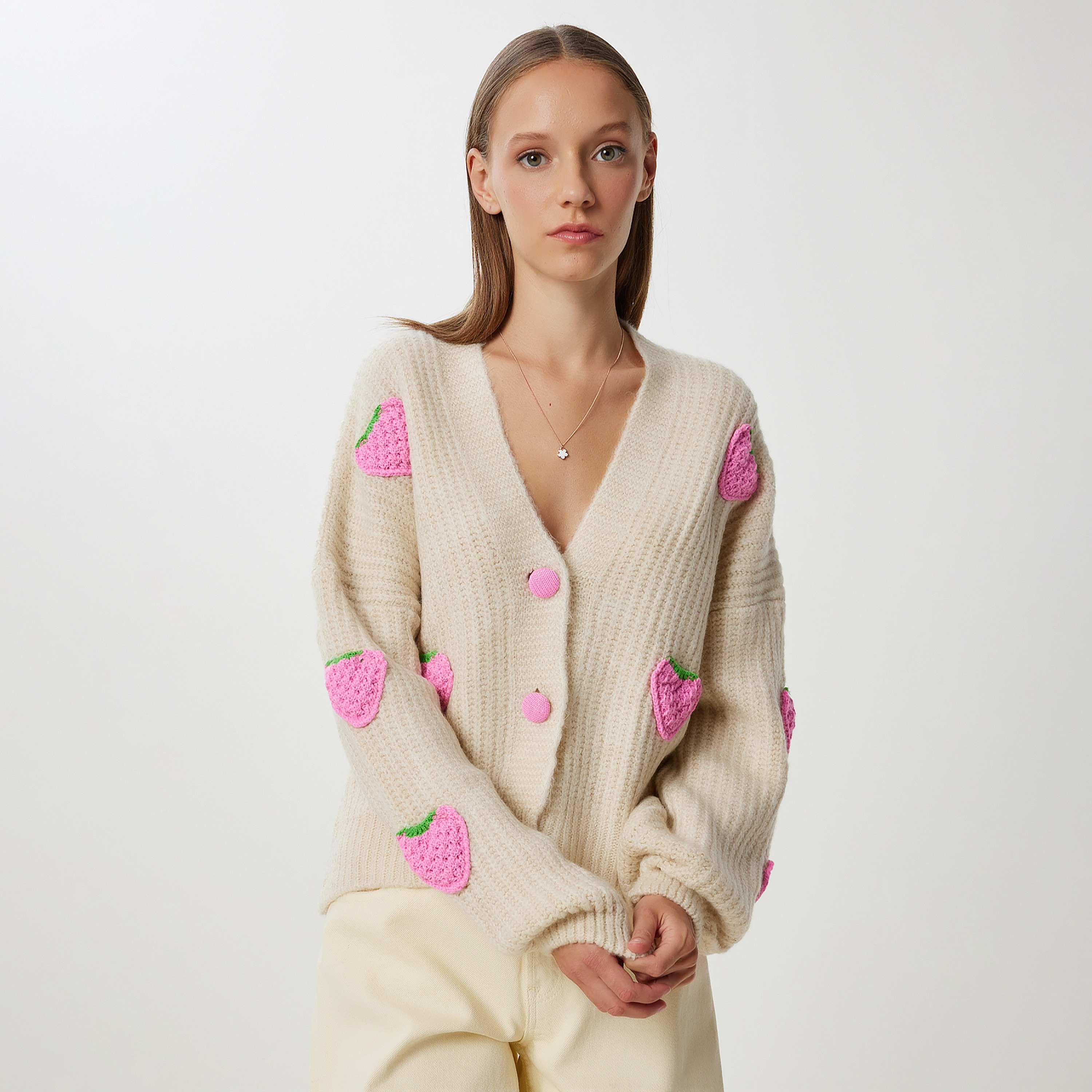 Happiness Istanbul Beige Strawberry Knitted Dropped Sleeves Women's Cardigan-women-winterwear-cardigansandjumpers-cardigans-image-1