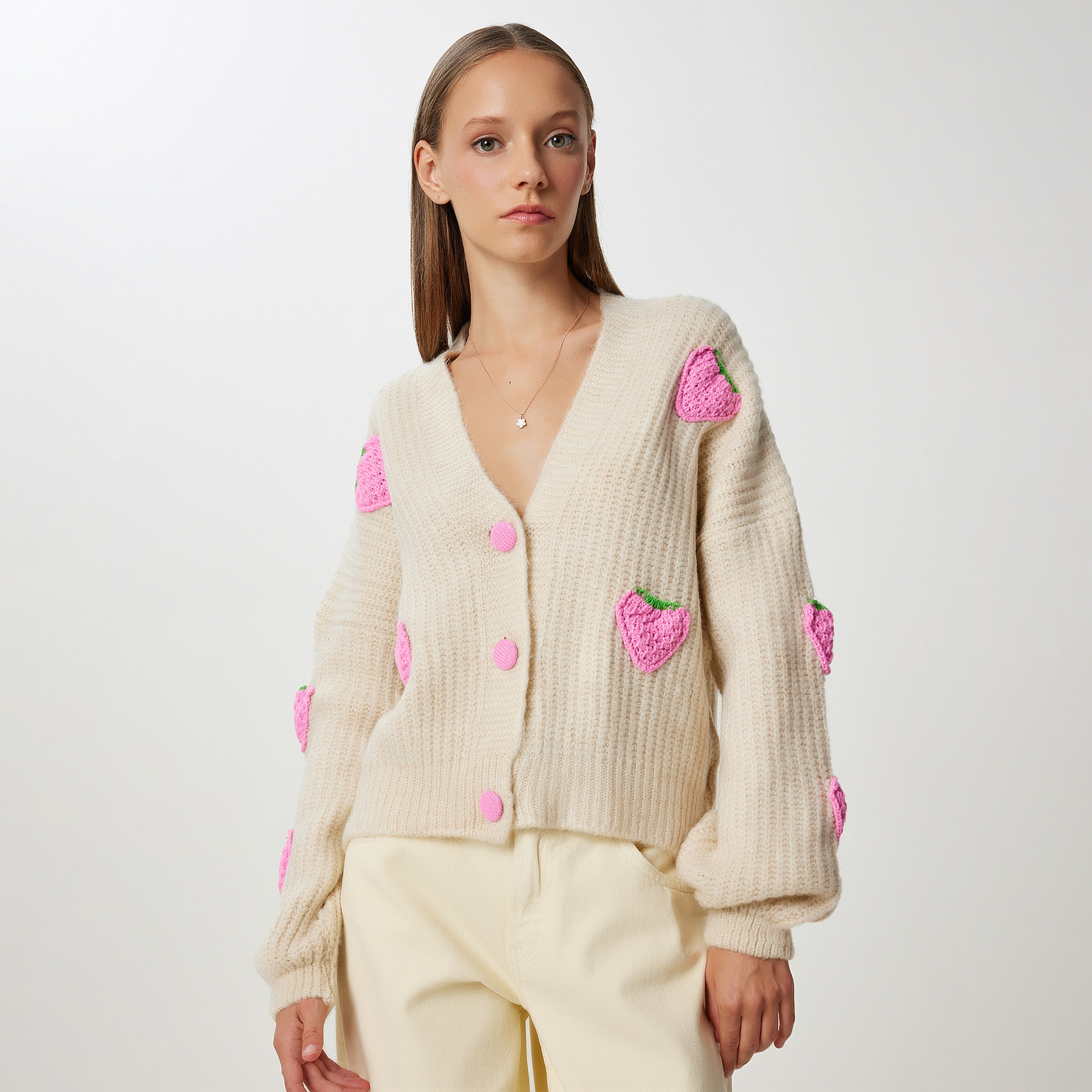 سعادة إسطنبول بيج فراولة محبوكة بأكمام متدلية من كارديغان نسائي-women-winterwear-cardigansandjumpers-cardigans-image-2