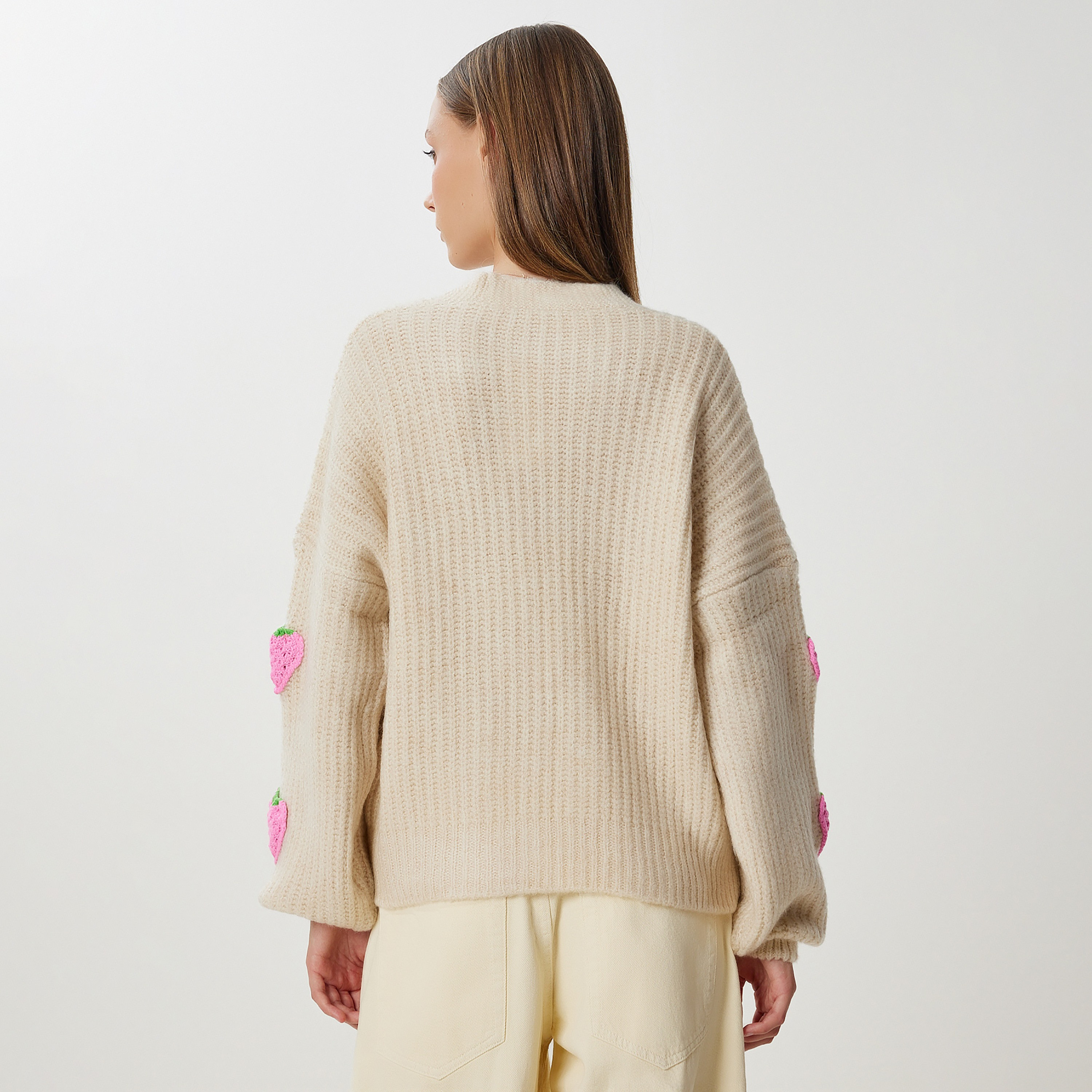 Happiness Istanbul Beige Strawberry Knitted Dropped Sleeves Women's Cardigan-women-winterwear-cardigansandjumpers-cardigans-image-3