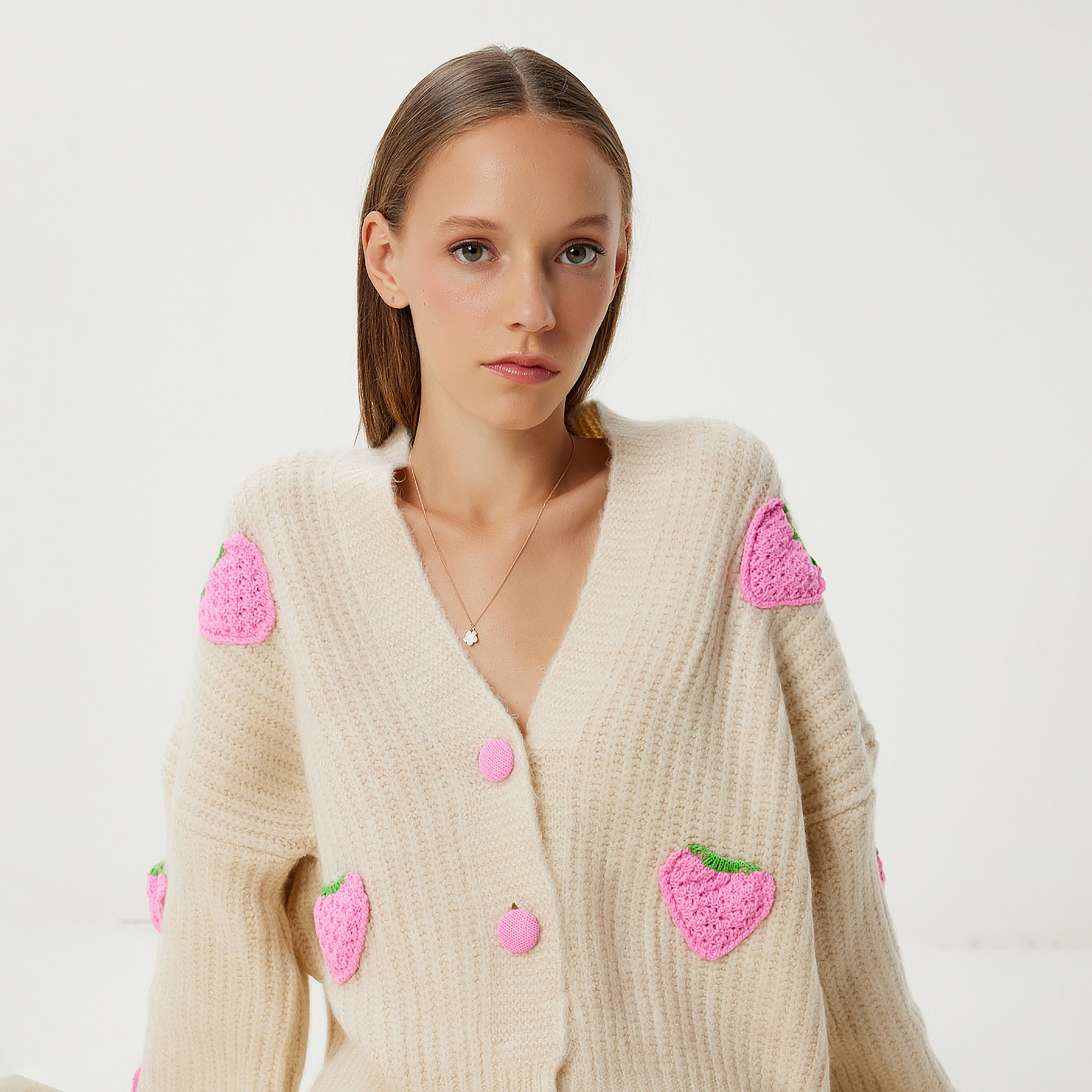 Happiness Istanbul Beige Strawberry Knitted Dropped Sleeves Women's Cardigan-women-winterwear-cardigansandjumpers-cardigans-image-4