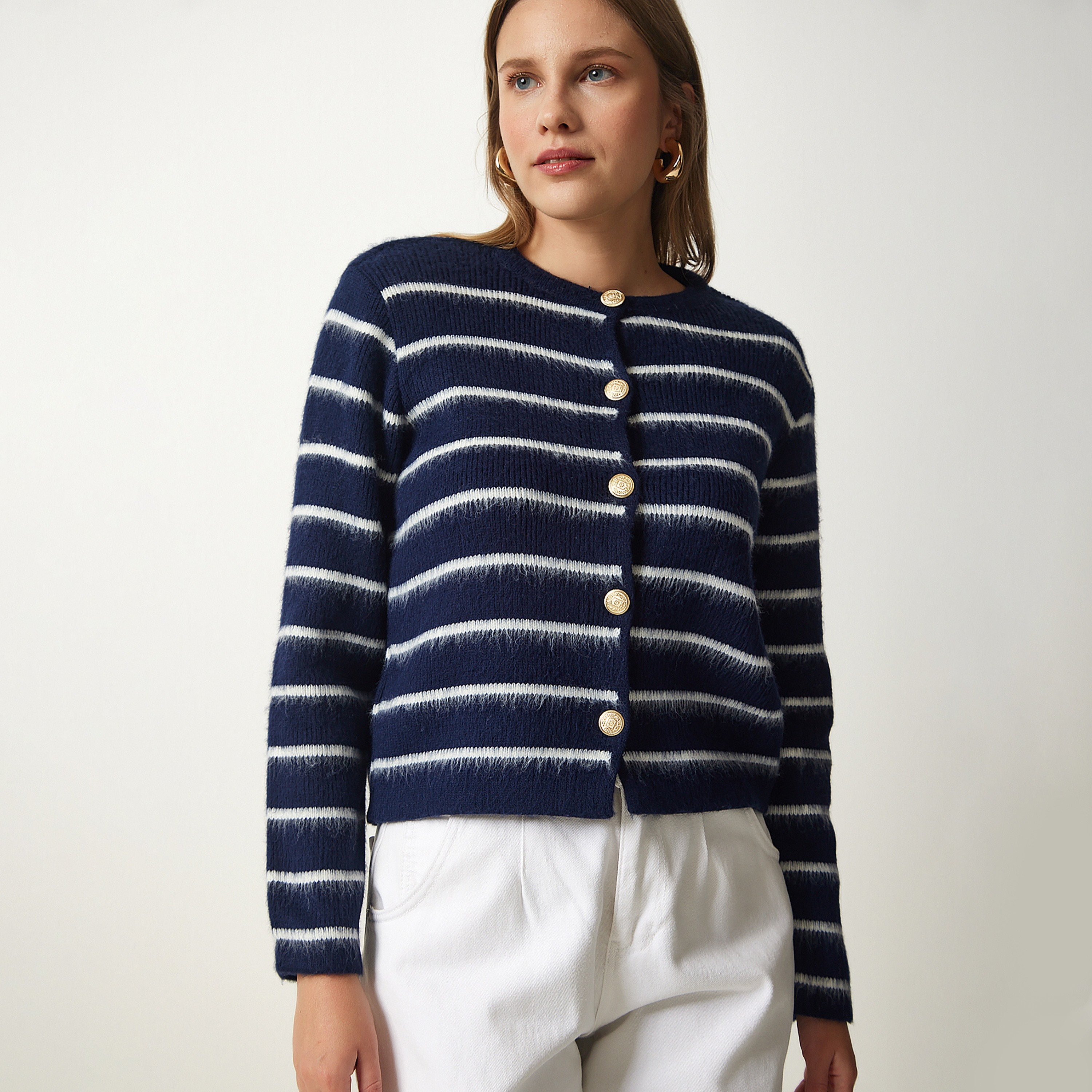 Happiness Istanbul Blue Striped Women's Cardigan-women-winterwear-cardigansandjumpers-cardigans-image-2