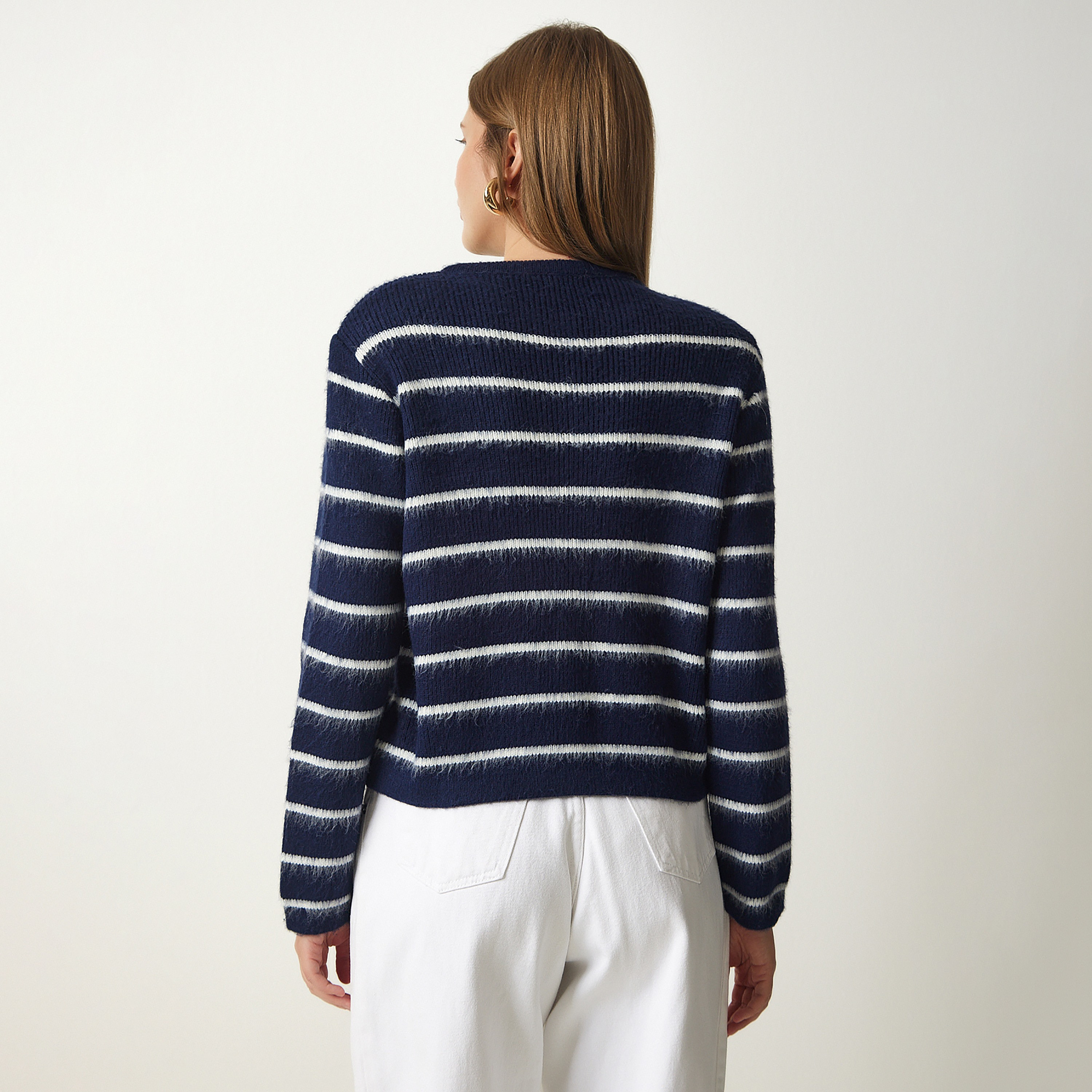 Happiness Istanbul Blue Striped Women's Cardigan-women-winterwear-cardigansandjumpers-cardigans-image-3