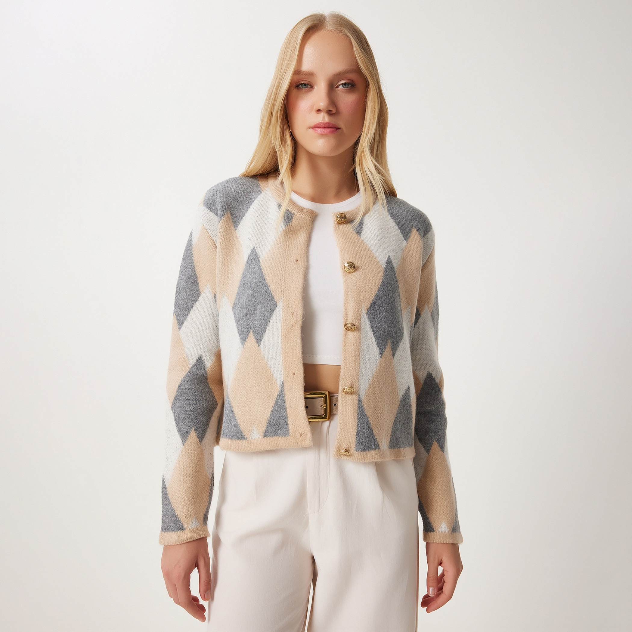 Happiness Istanbul Multicolour Argyle Women's Cardigan-women-winterwear-cardigansandjumpers-cardigans-image-1