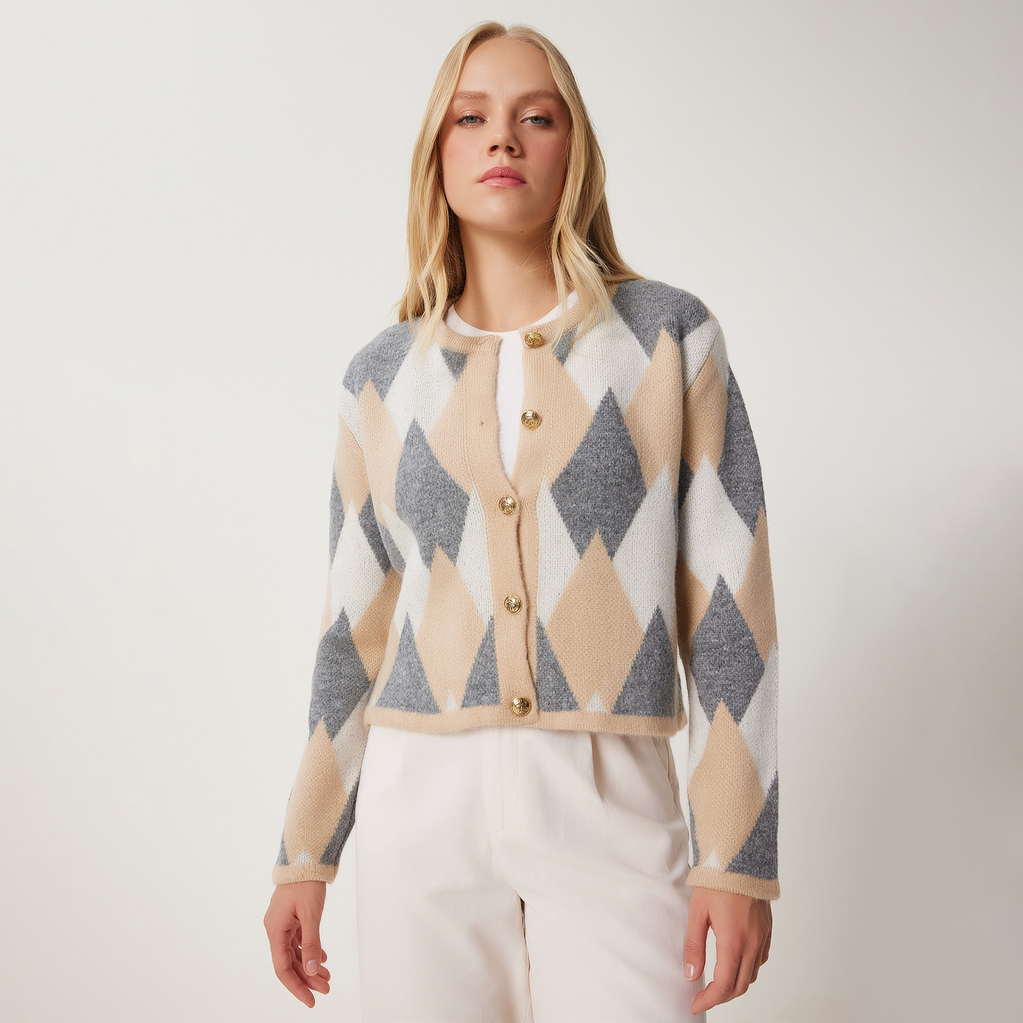Happiness Istanbul Multicolour Argyle Women's Cardigan-women-winterwear-cardigansandjumpers-cardigans-image-2