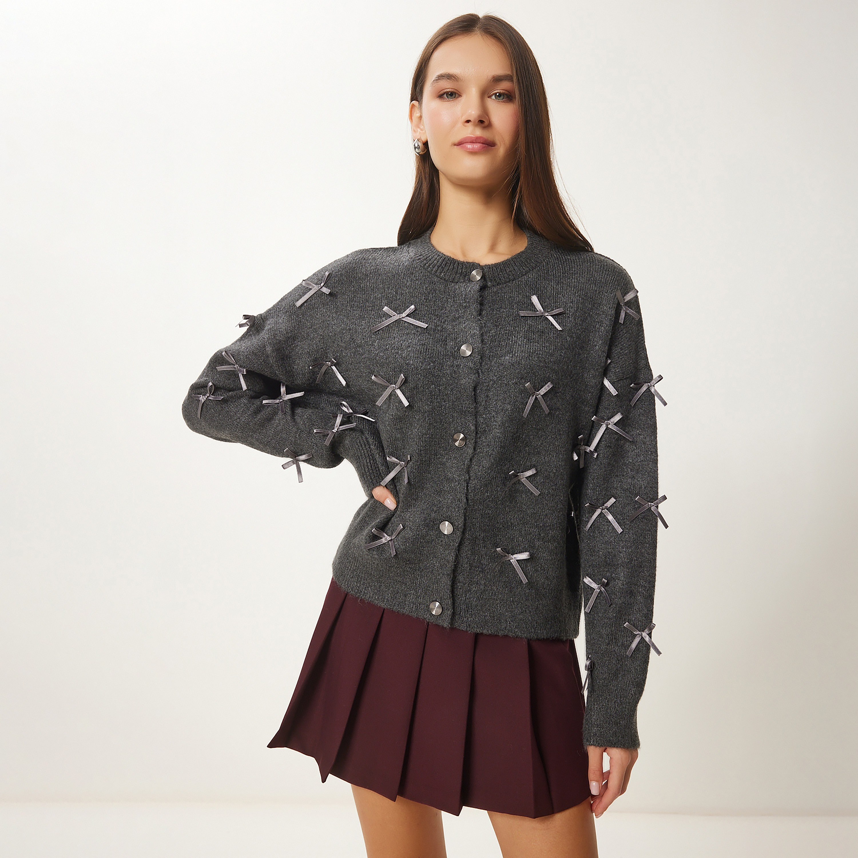 Happiness Istanbul Charcoal Bow Detailed Dropped Sleeves Women's Cardigan-women-winterwear-cardigansandjumpers-cardigans-image-2