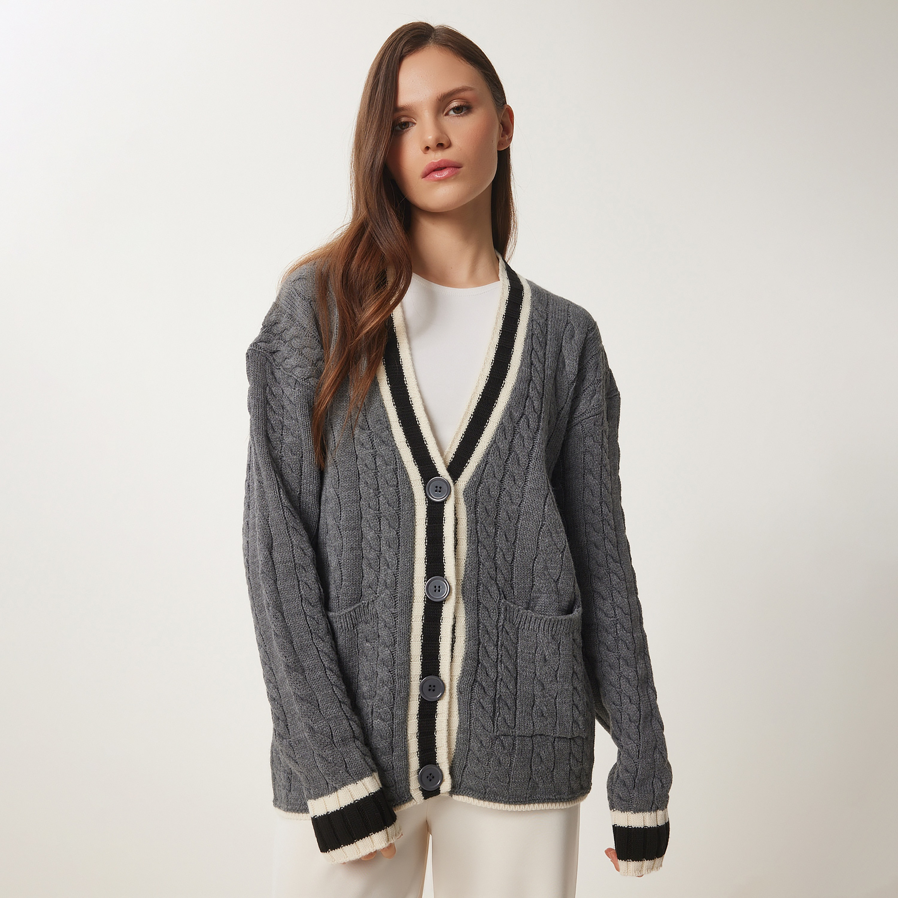 Happiness Istanbul Cable Knitted Dropped Sleeves Women's Cardigan-women-winterwear-cardigansandjumpers-cardigans-image-1
