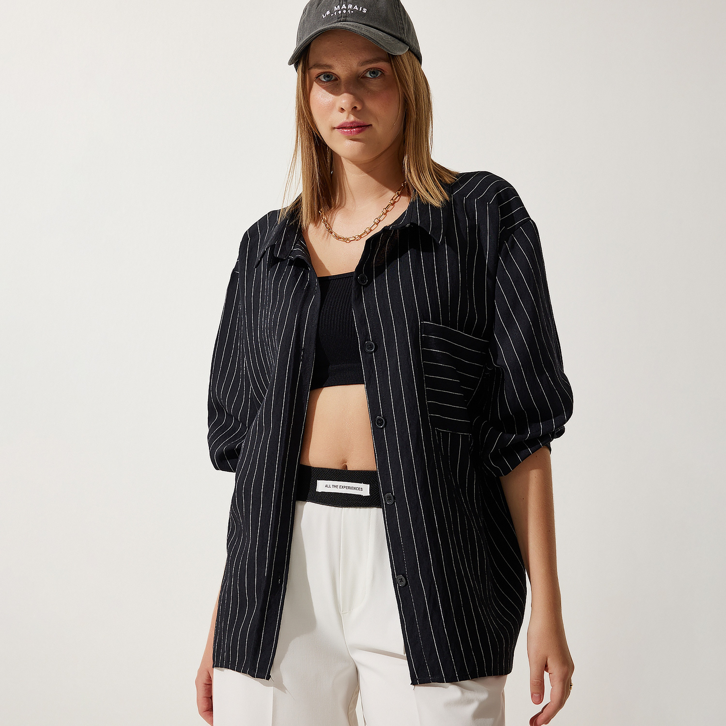 Happiness Istanbul Black Striped Collared Dropped Sleeves Women's Shirt-women-clothing-shirtsandblouses-shirts-image-1
