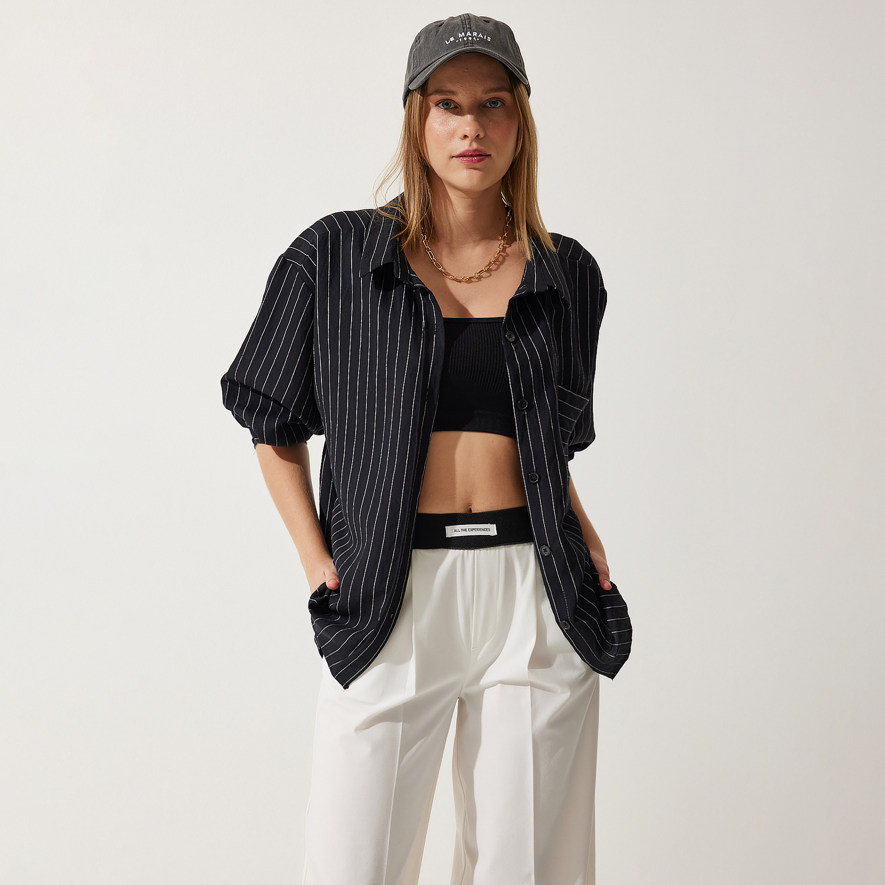 Happiness Istanbul Black Striped Collared Dropped Sleeves Women's Shirt-women-clothing-shirtsandblouses-shirts-image-2