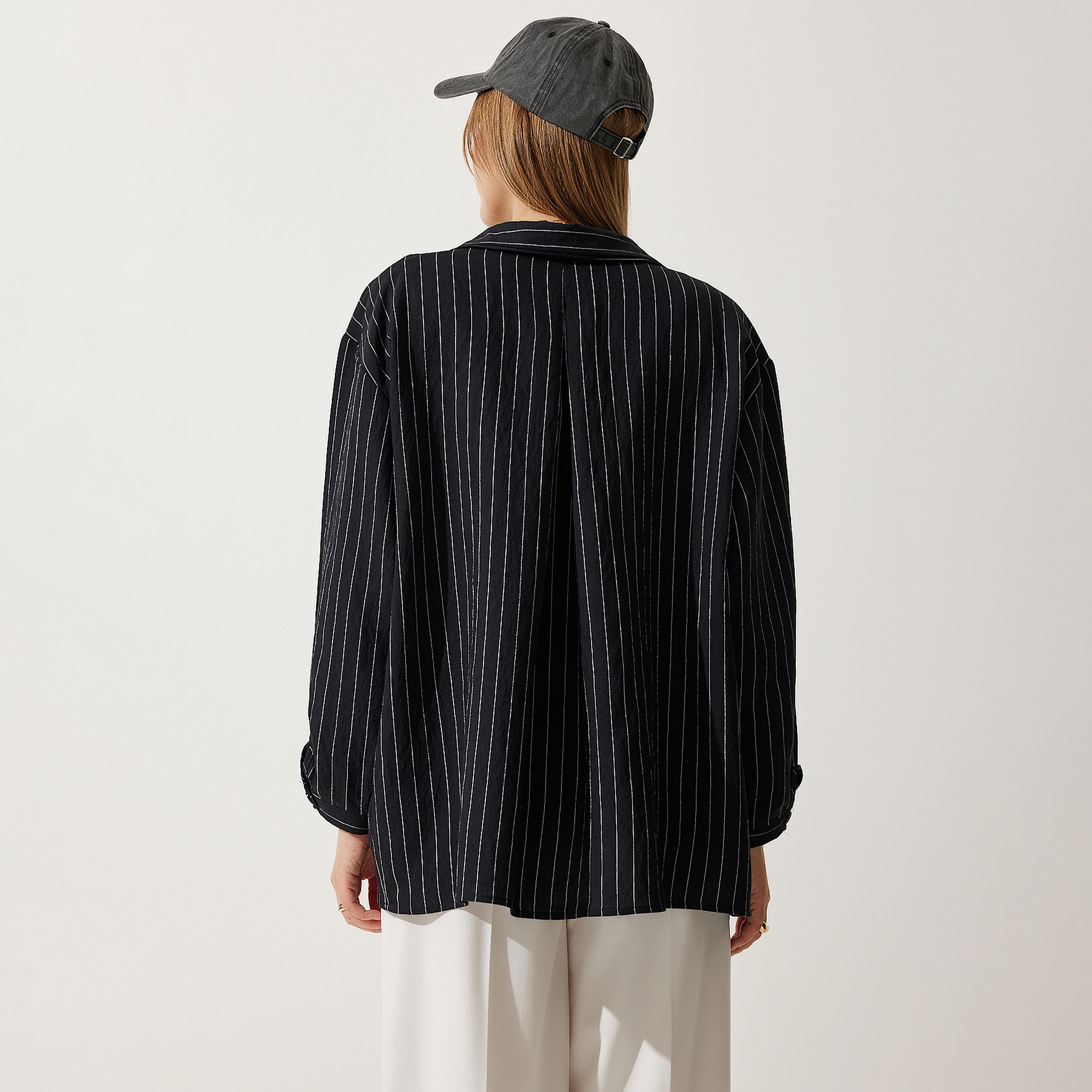 Happiness Istanbul Black Striped Collared Dropped Sleeves Women's Shirt-women-clothing-shirtsandblouses-shirts-image-3