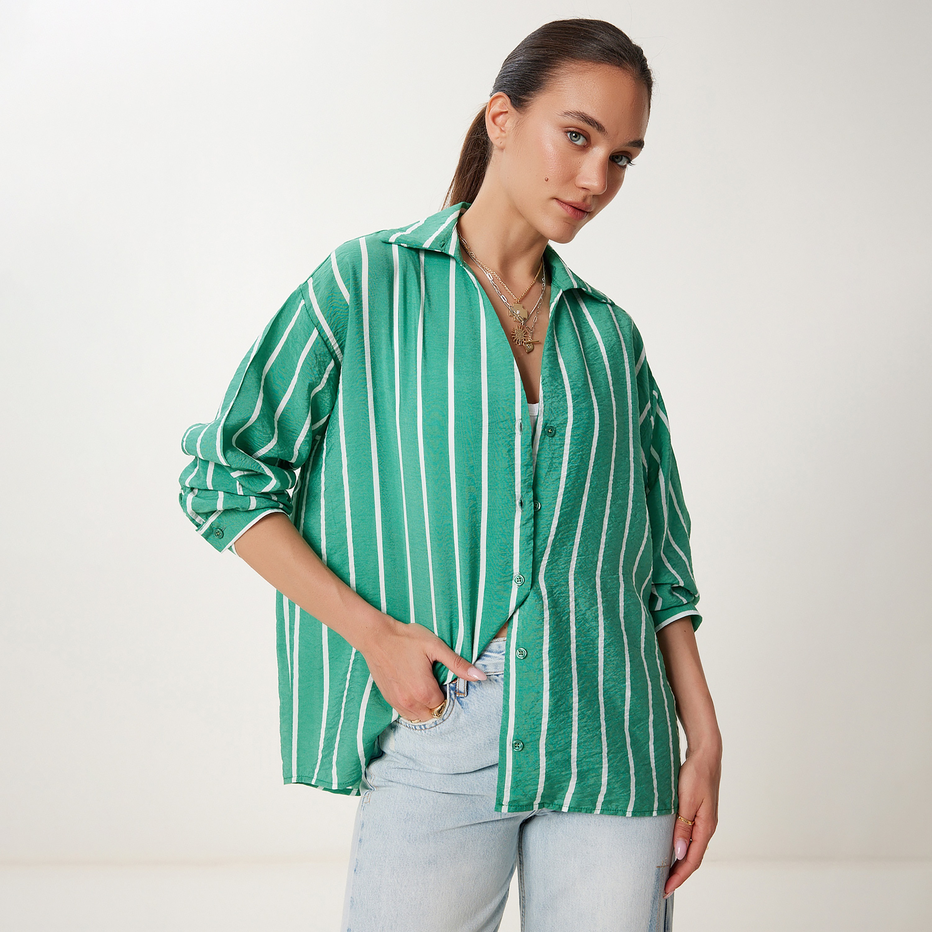 سعادة إسطنبول قطن مخطط بياقة بأكمام متدلية قميص نسائي-women-clothing-shirtsandblouses-shirts-image-1