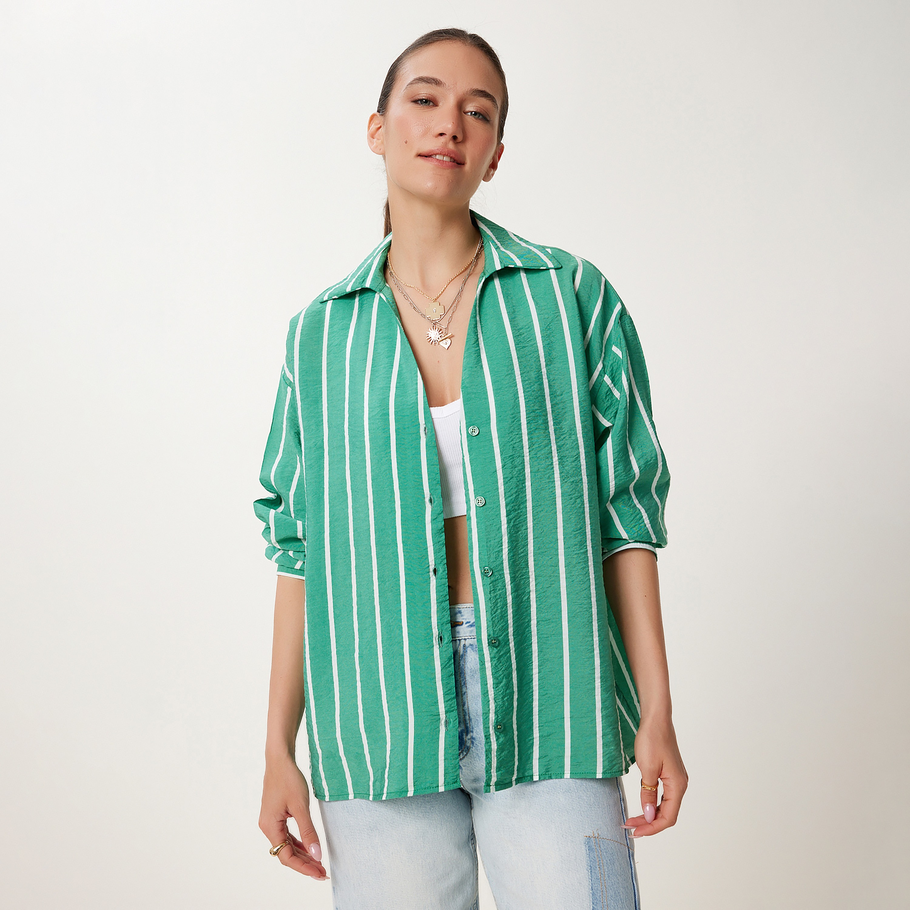 سعادة إسطنبول قطن مخطط بياقة بأكمام متدلية قميص نسائي-women-clothing-shirtsandblouses-shirts-image-2