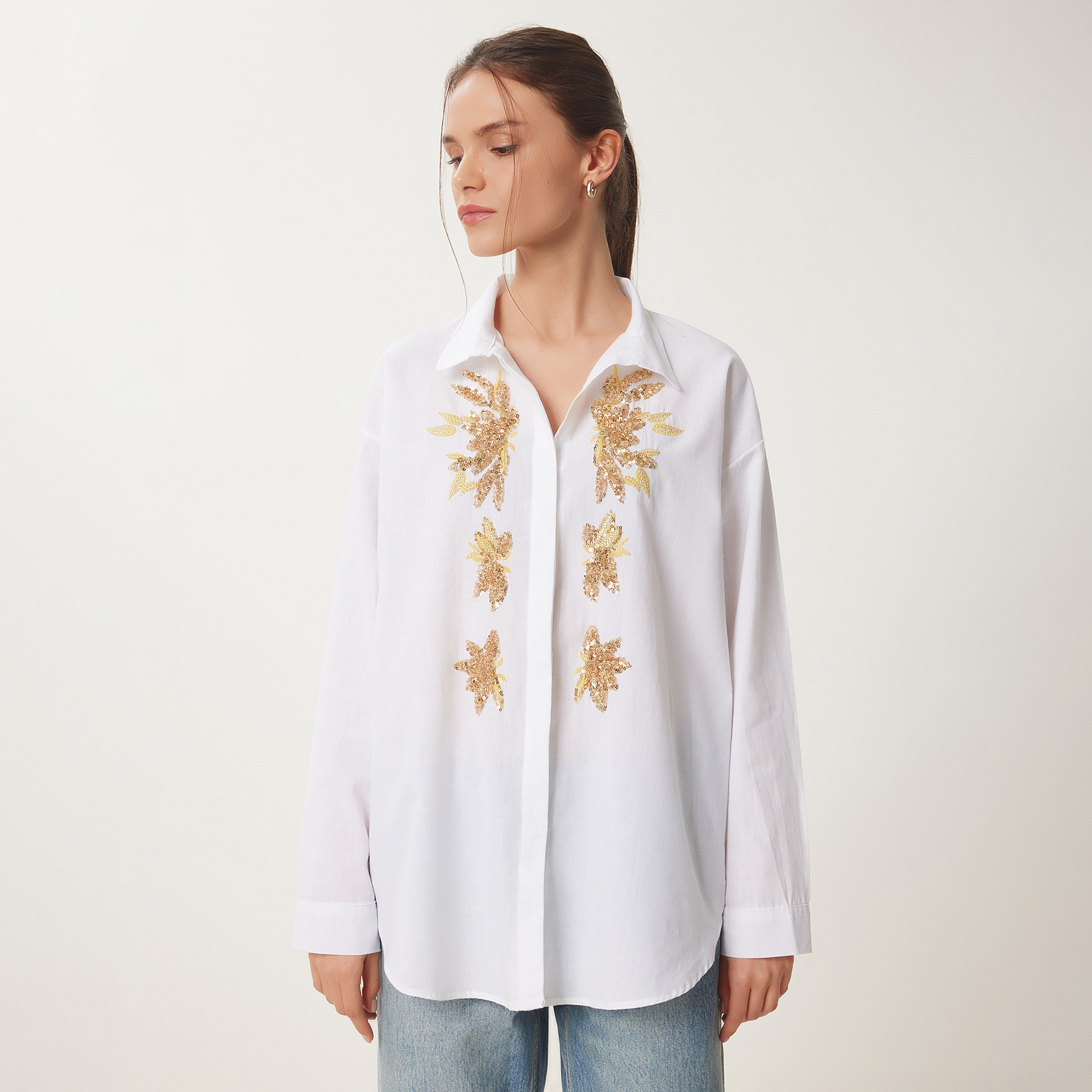 Happiness Istanbul Sequined Linen Collared Dropped Sleeves Women's Shirt-women-clothing-shirtsandblouses-shirts-image-1