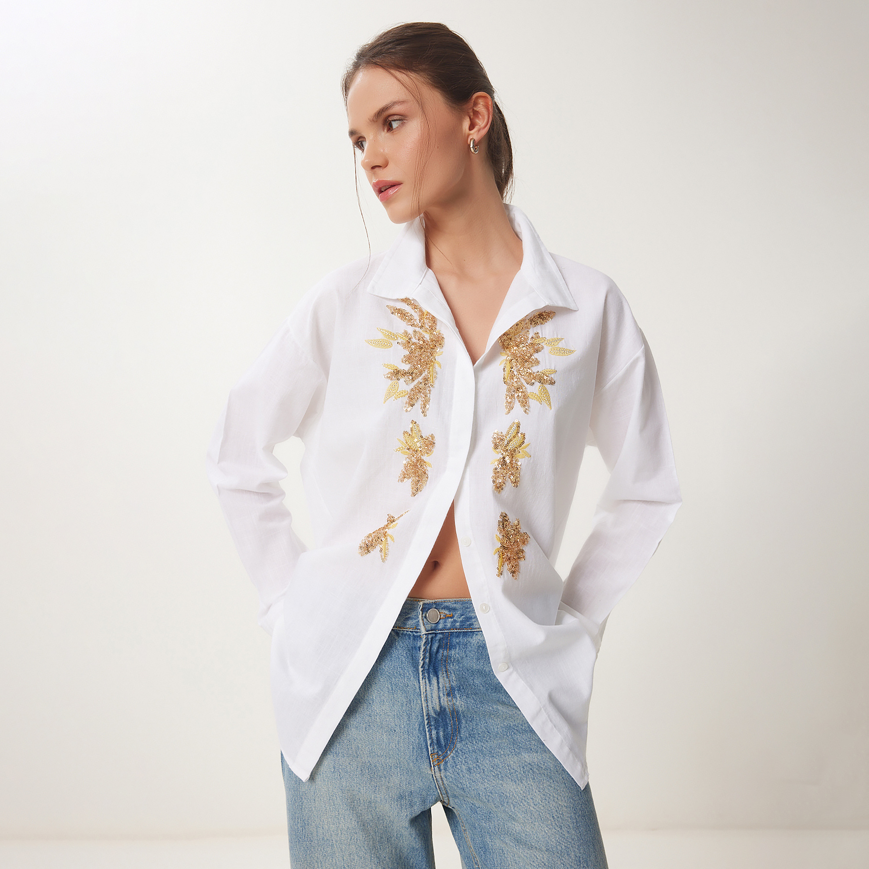 سعادة إسطنبول كتان مرصع بالترتر بياقة أكمام متدللة، قميص نسائي-women-clothing-shirtsandblouses-shirts-image-6