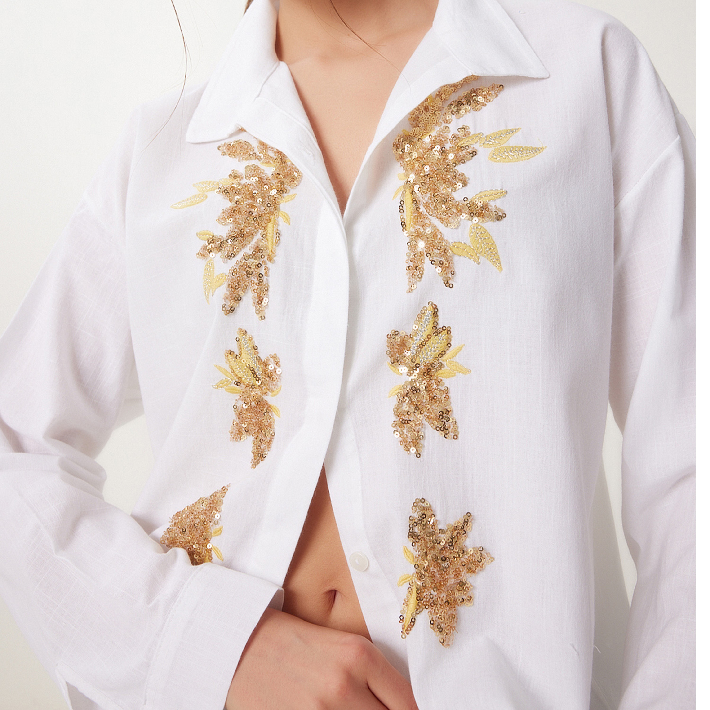 سعادة إسطنبول كتان مرصع بالترتر بياقة أكمام متدللة، قميص نسائي-women-clothing-shirtsandblouses-shirts-image-7