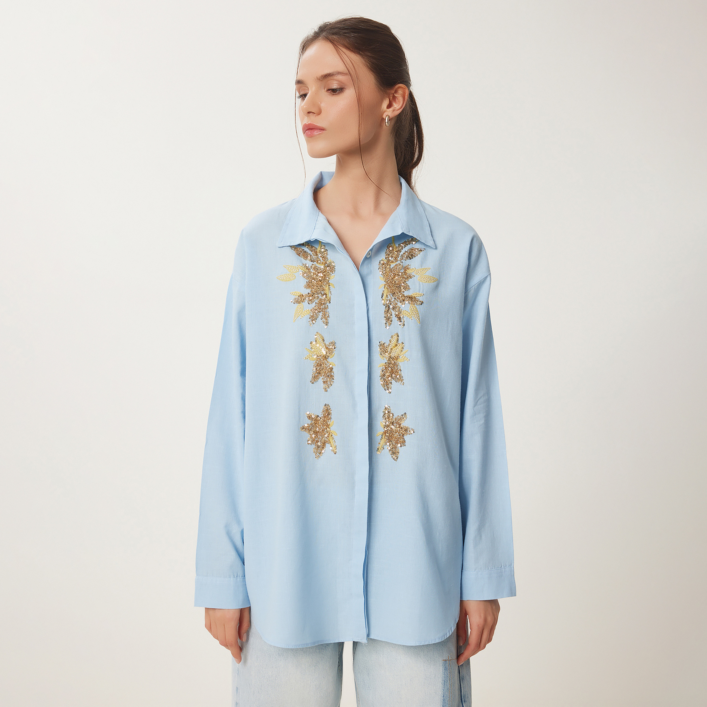 Happiness Istanbul Sequined Linen Collared Dropped Sleeves Women's Shirt-women-clothing-shirtsandblouses-shirts-image-1