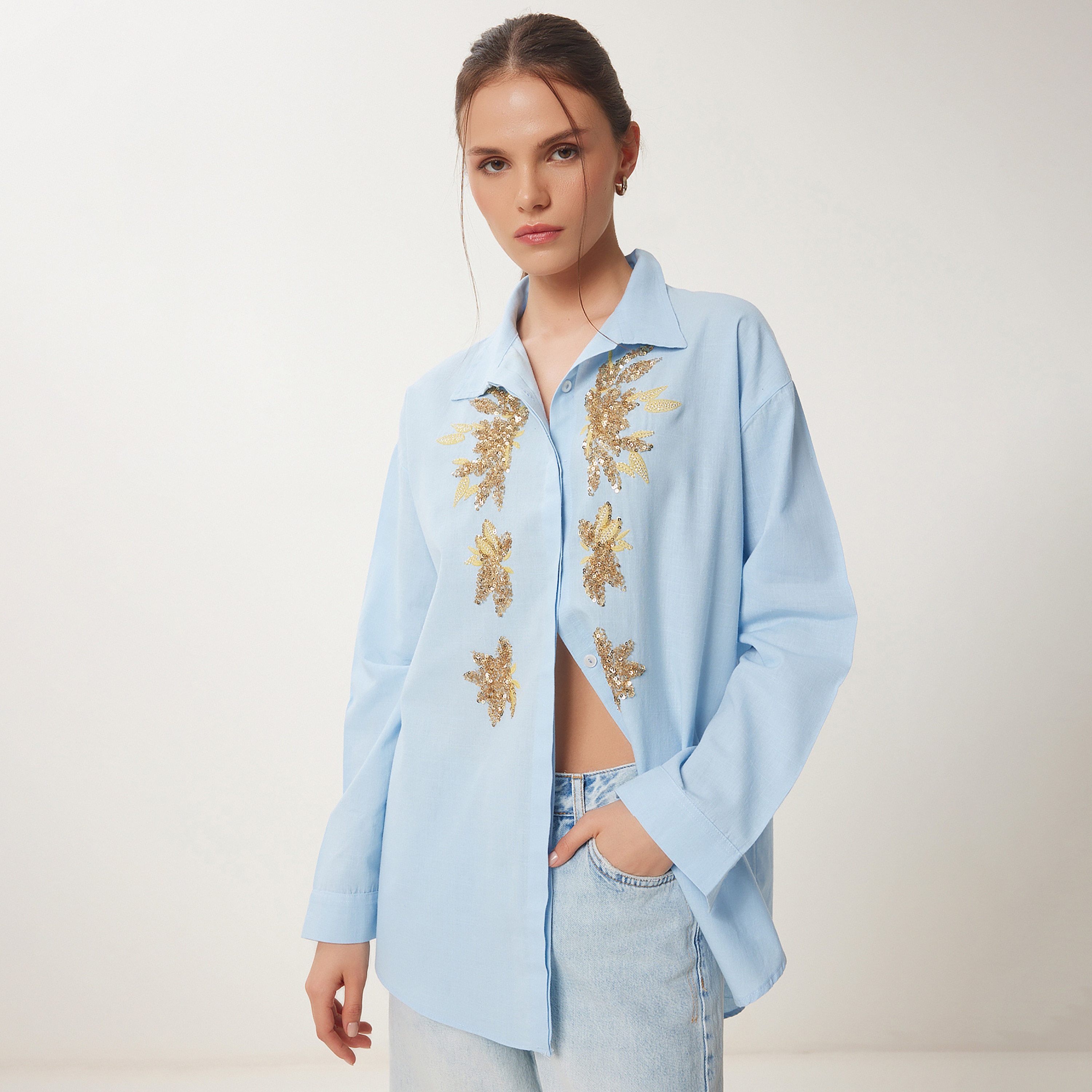 سعادة إسطنبول كتان مرصع بالترتر بياقة أكمام متدللة، قميص نسائي-women-clothing-shirtsandblouses-shirts-image-2