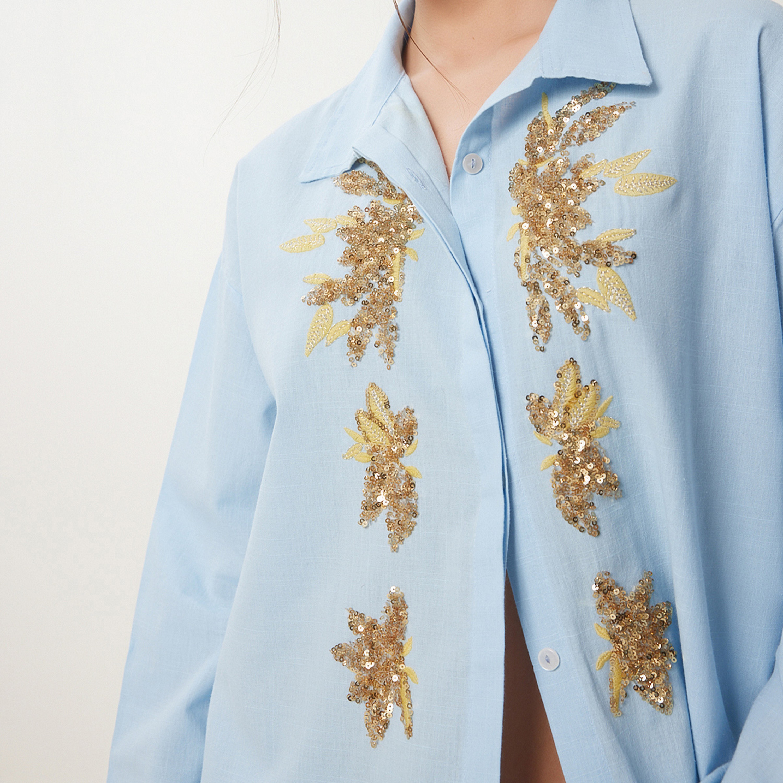 Happiness Istanbul Sequined Linen Collared Dropped Sleeves Women's Shirt-women-clothing-shirtsandblouses-shirts-image-3