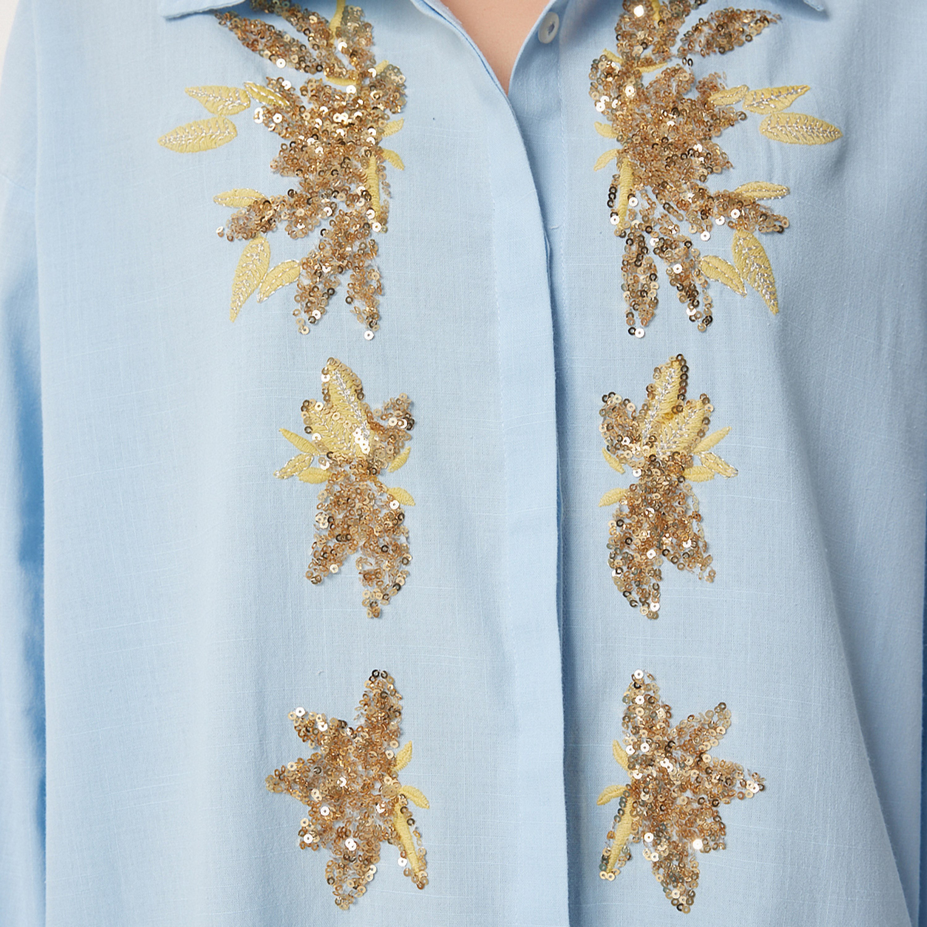 سعادة إسطنبول كتان مرصع بالترتر بياقة أكمام متدللة، قميص نسائي-women-clothing-shirtsandblouses-shirts-image-4