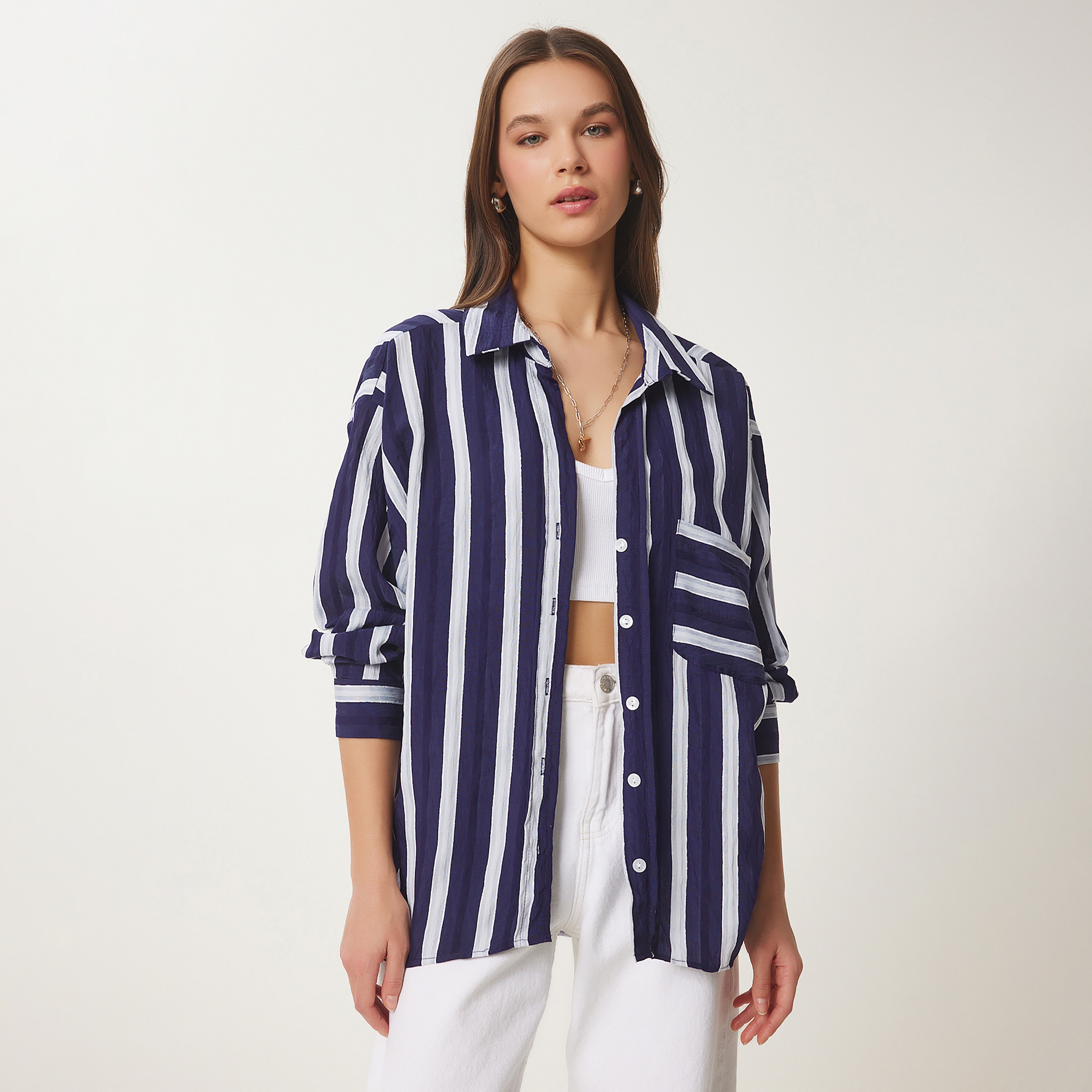سعادة إسطنبول مخطط بأكمام متدلية قميص نسائي-women-clothing-shirtsandblouses-shirts-image-1