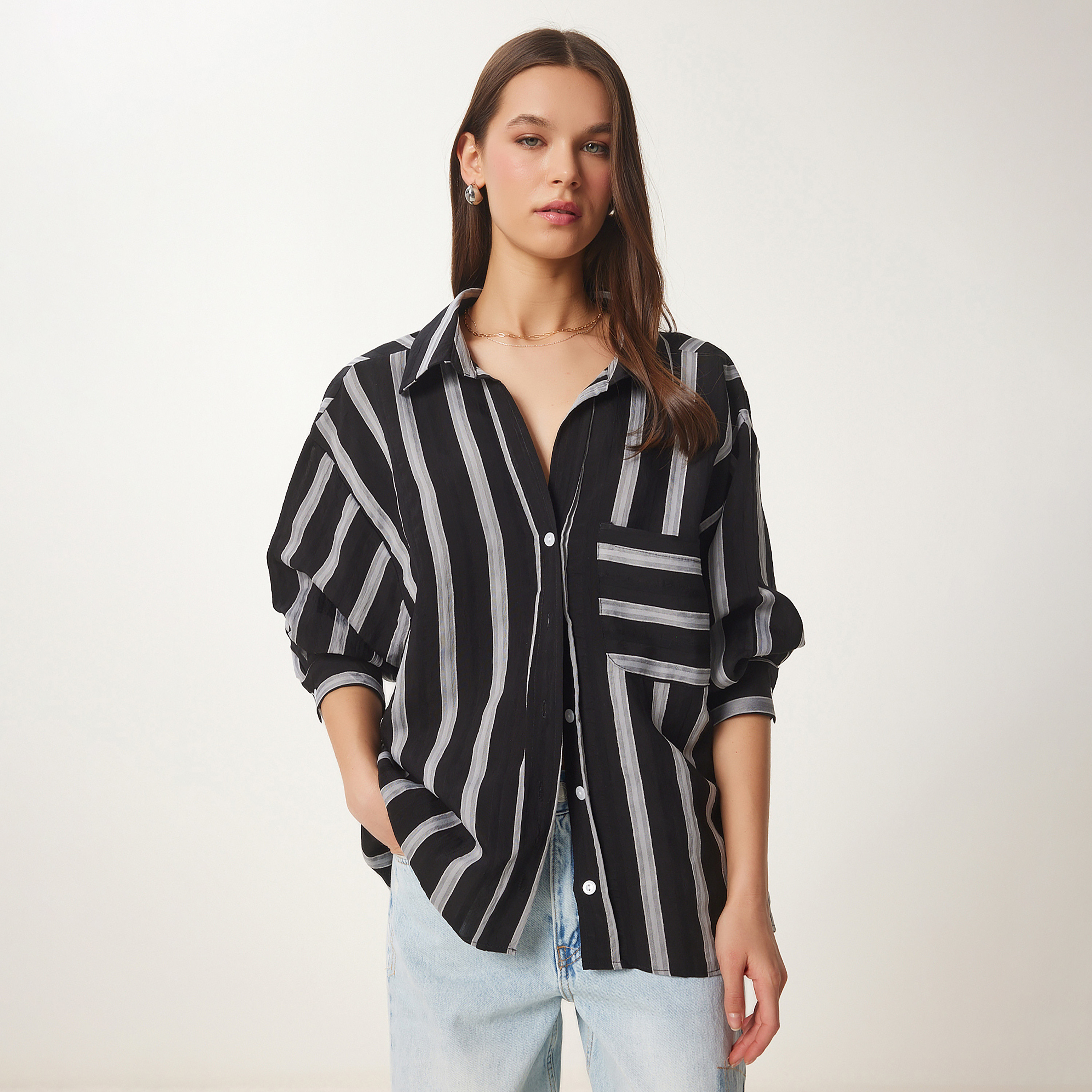سعادة إسطنبول مخطط بأكمام متدلية قميص نسائي-women-clothing-shirtsandblouses-shirts-image-1
