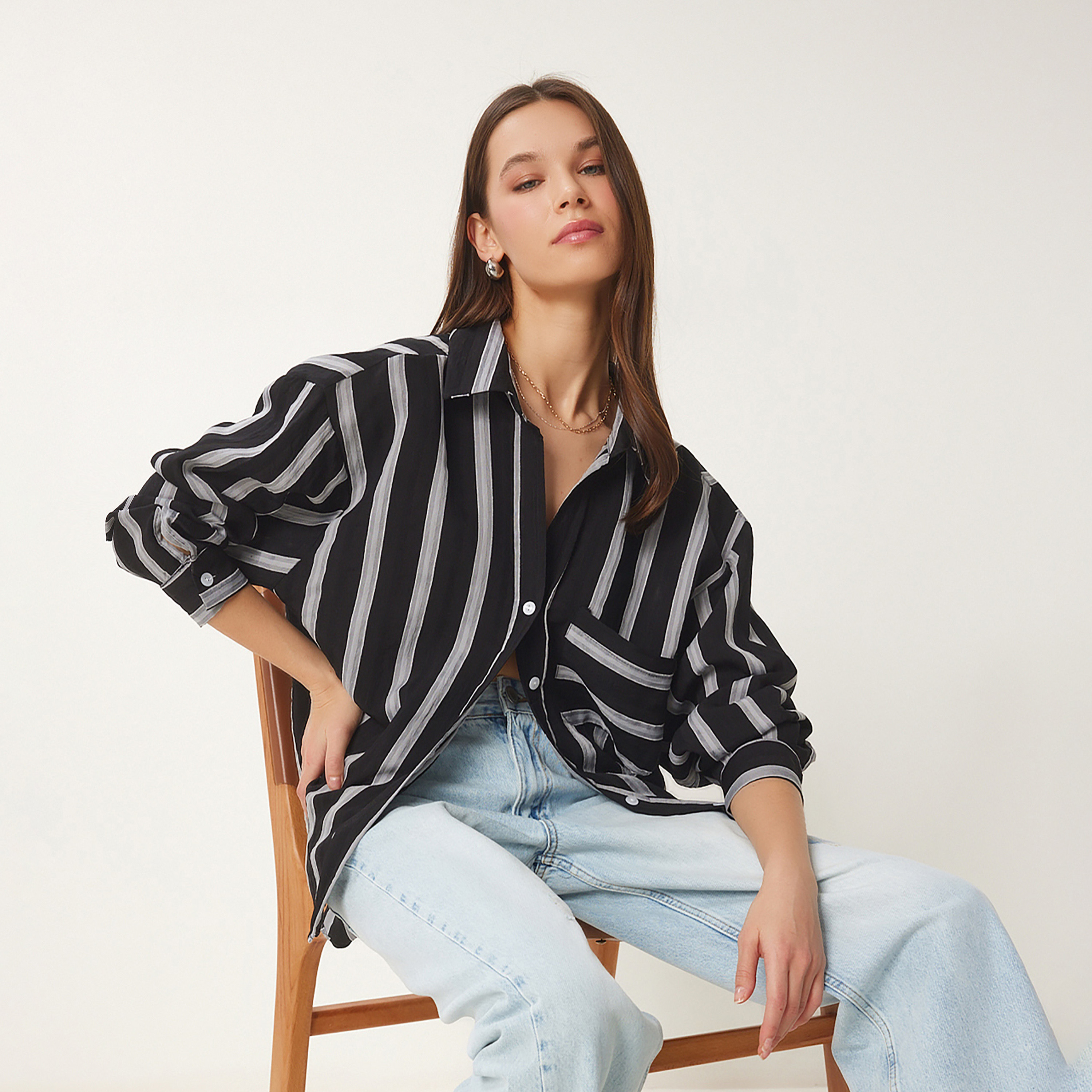 سعادة إسطنبول مخطط بأكمام متدلية قميص نسائي-women-clothing-shirtsandblouses-shirts-image-2