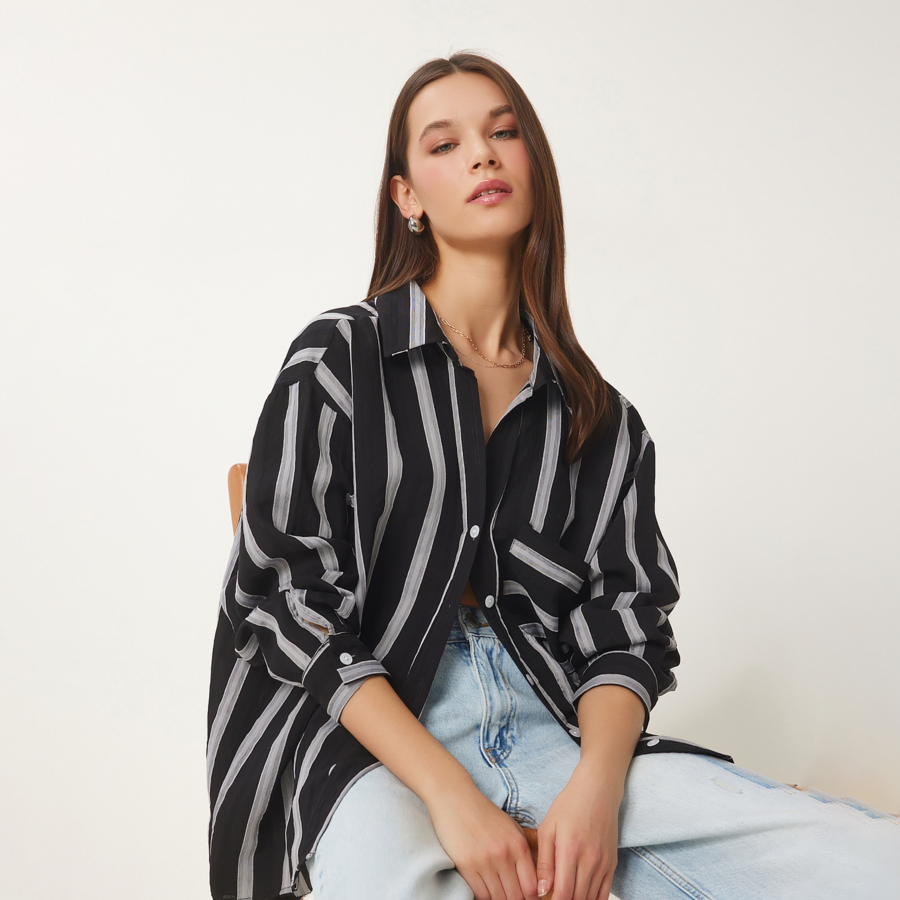 سعادة إسطنبول مخطط بأكمام متدلية قميص نسائي-women-clothing-shirtsandblouses-shirts-image-3