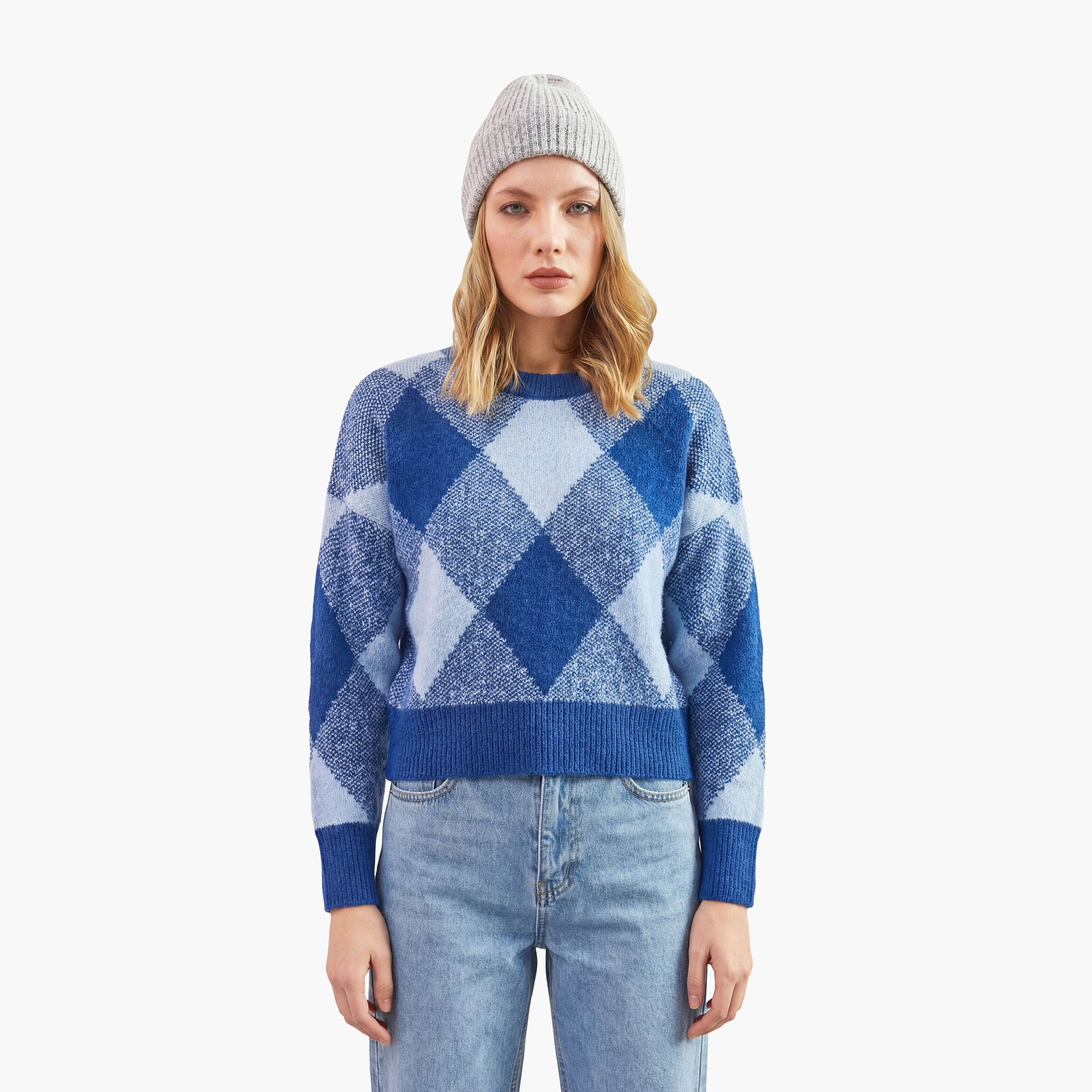 كنزة نسائي بنقشة المعينات وأكمام منسدلة باللون الأزرق من بيانكو لوتشي-women-clothing-cardigansandjumpers-jumpers-image-4
