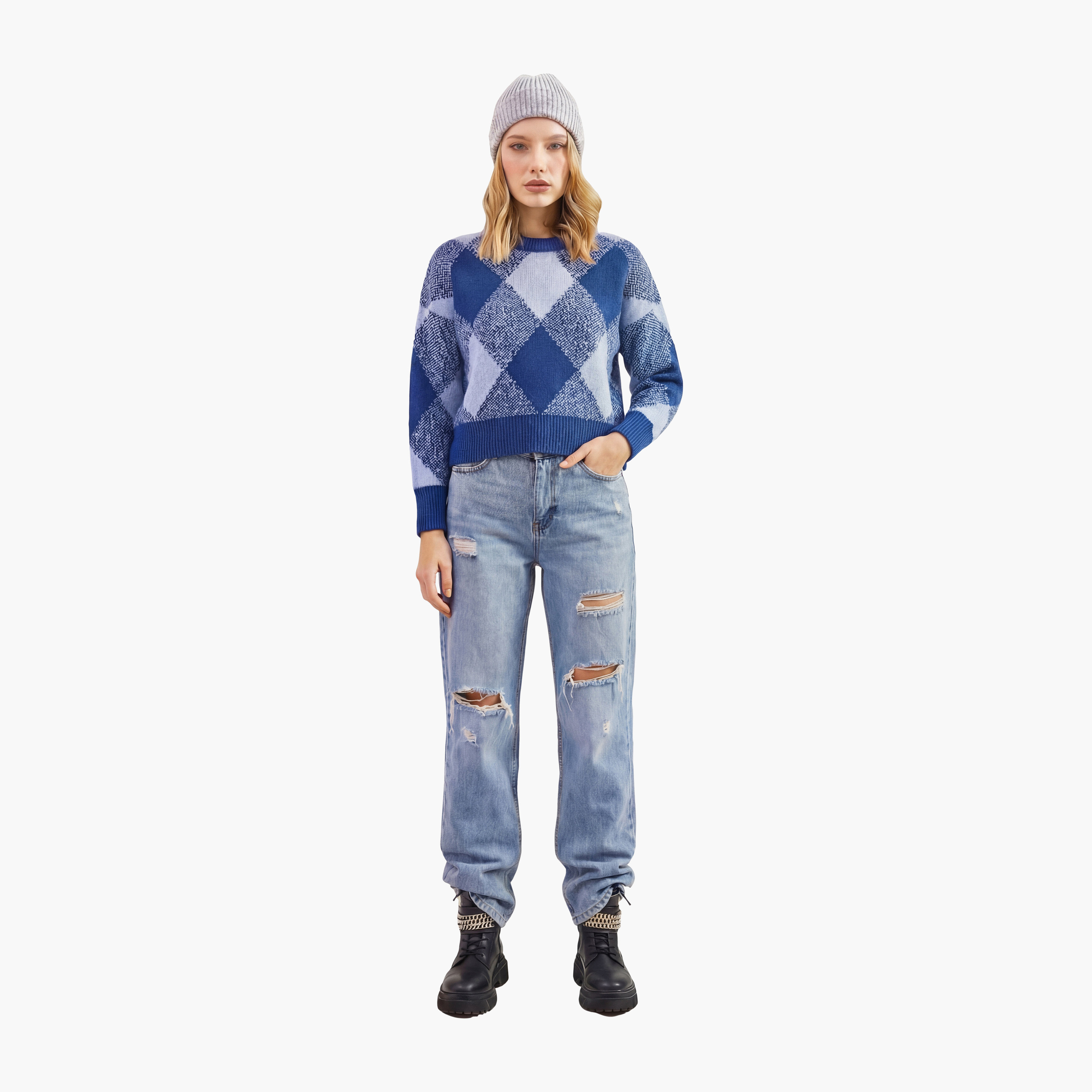 كنزة نسائي بنقشة المعينات وأكمام منسدلة باللون الأزرق من بيانكو لوتشي-women-clothing-cardigansandjumpers-jumpers-image-3