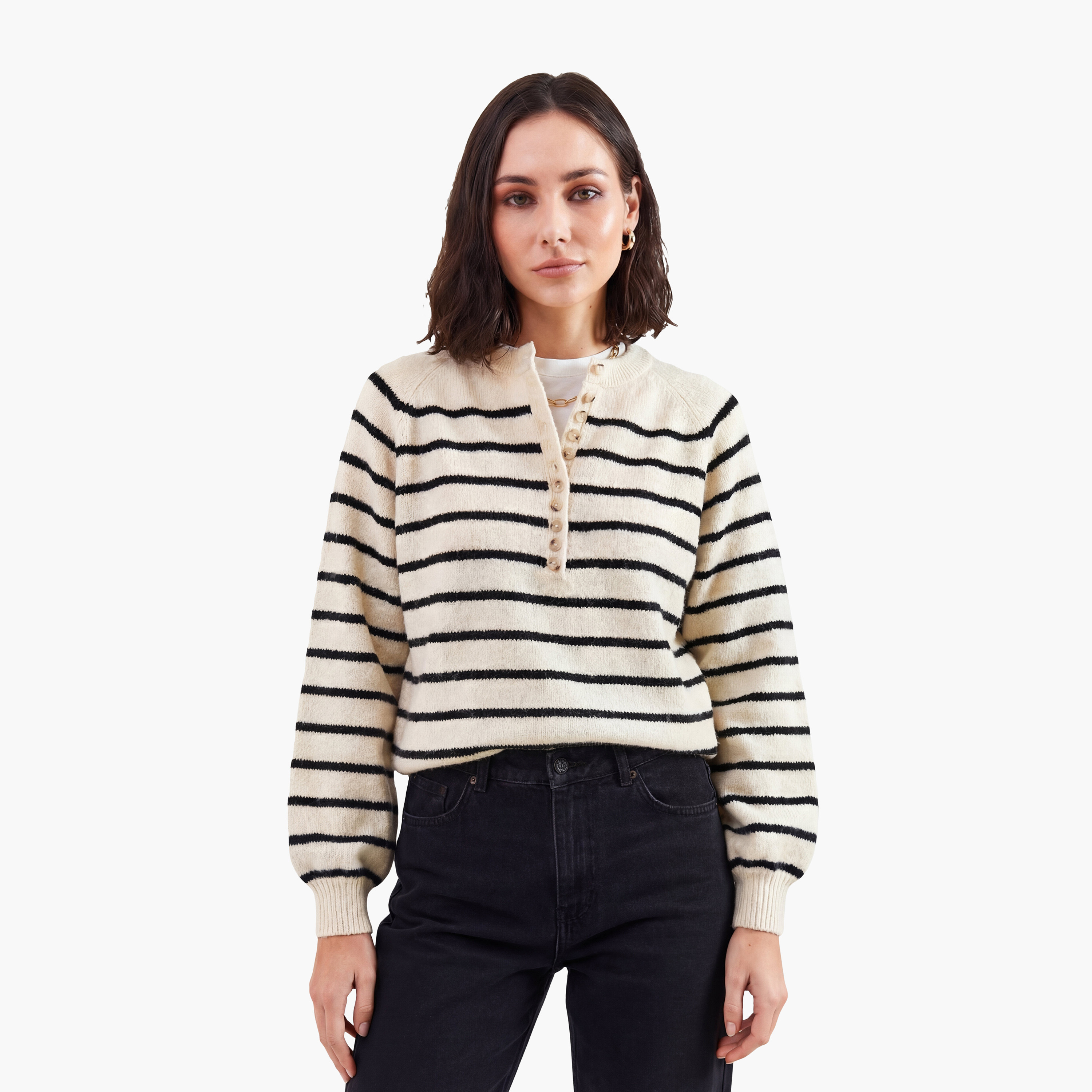 كنزة نسائي بأكمام منتفخة ومخطط باللون الكريمي من بيانكو لوتشي-women-clothing-cardigansandjumpers-jumpers-image-4