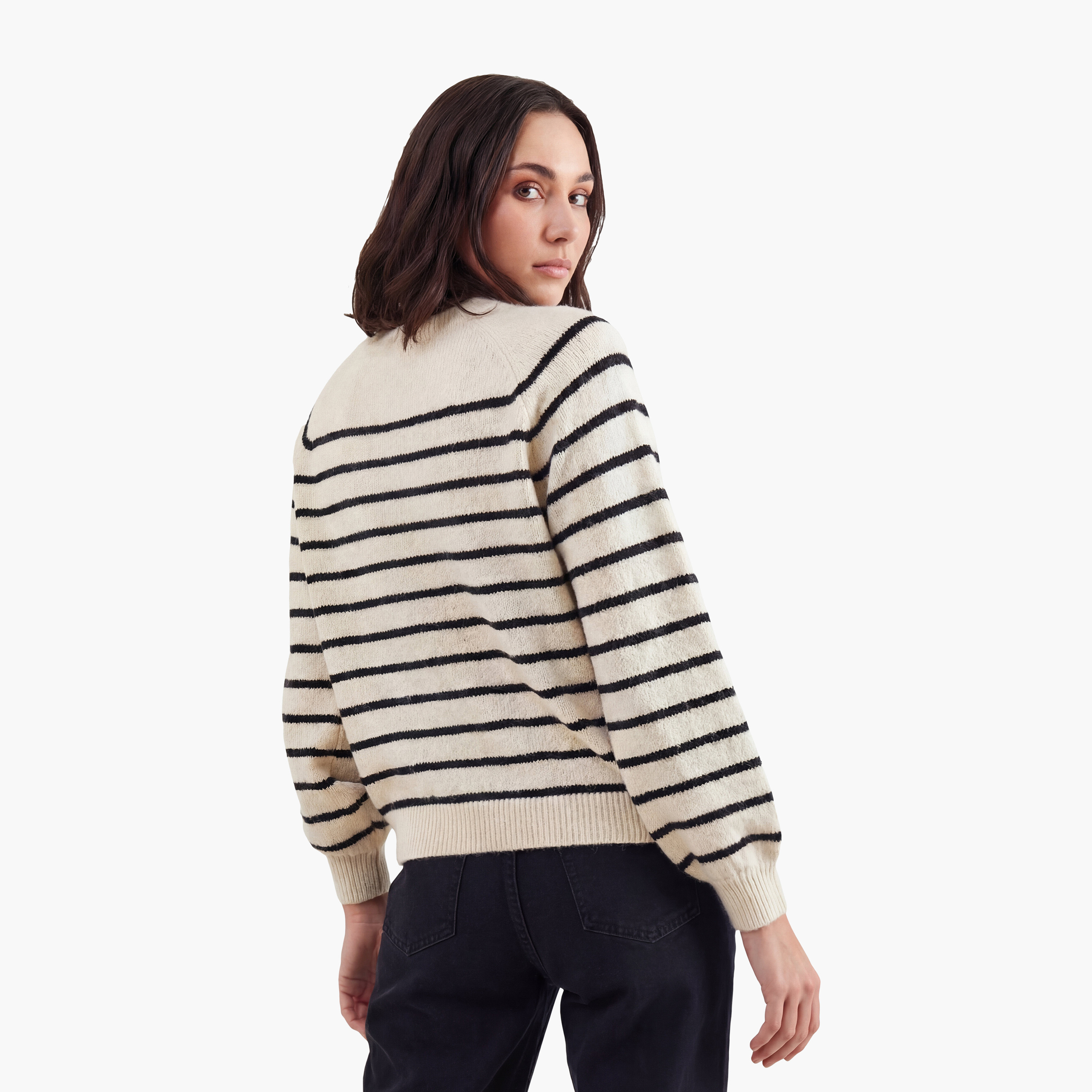 كنزة نسائي بأكمام منتفخة ومخطط باللون الكريمي من بيانكو لوتشي-women-clothing-cardigansandjumpers-jumpers-image-2