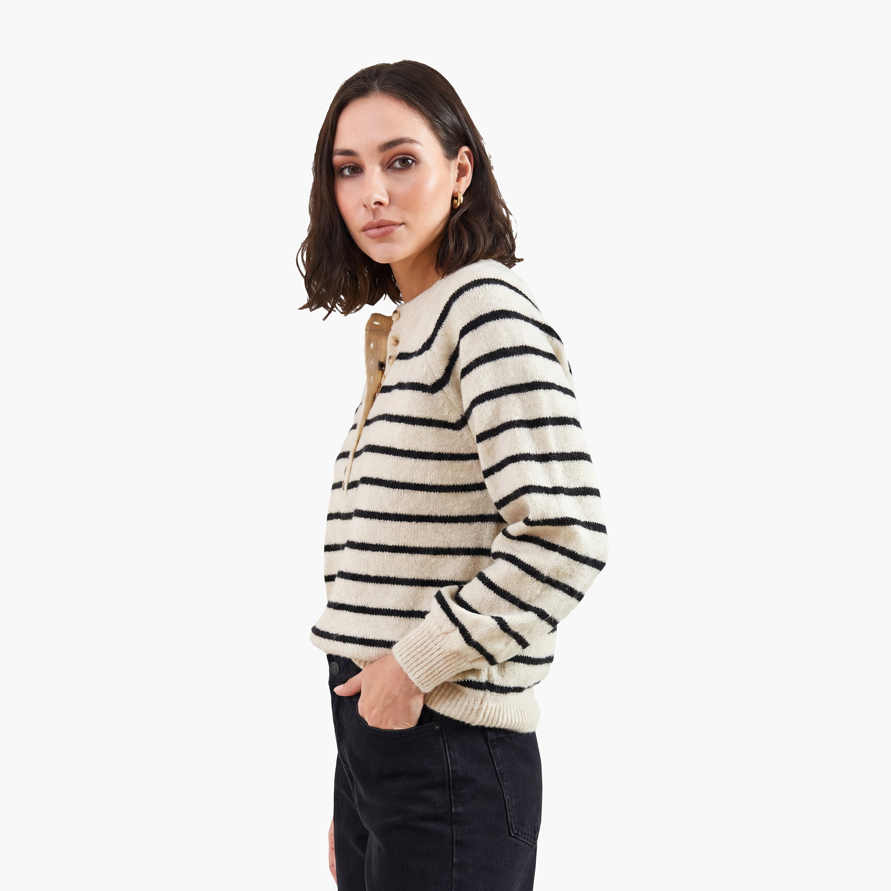 كنزة نسائي بأكمام منتفخة ومخطط باللون الكريمي من بيانكو لوتشي-women-clothing-cardigansandjumpers-jumpers-image-1