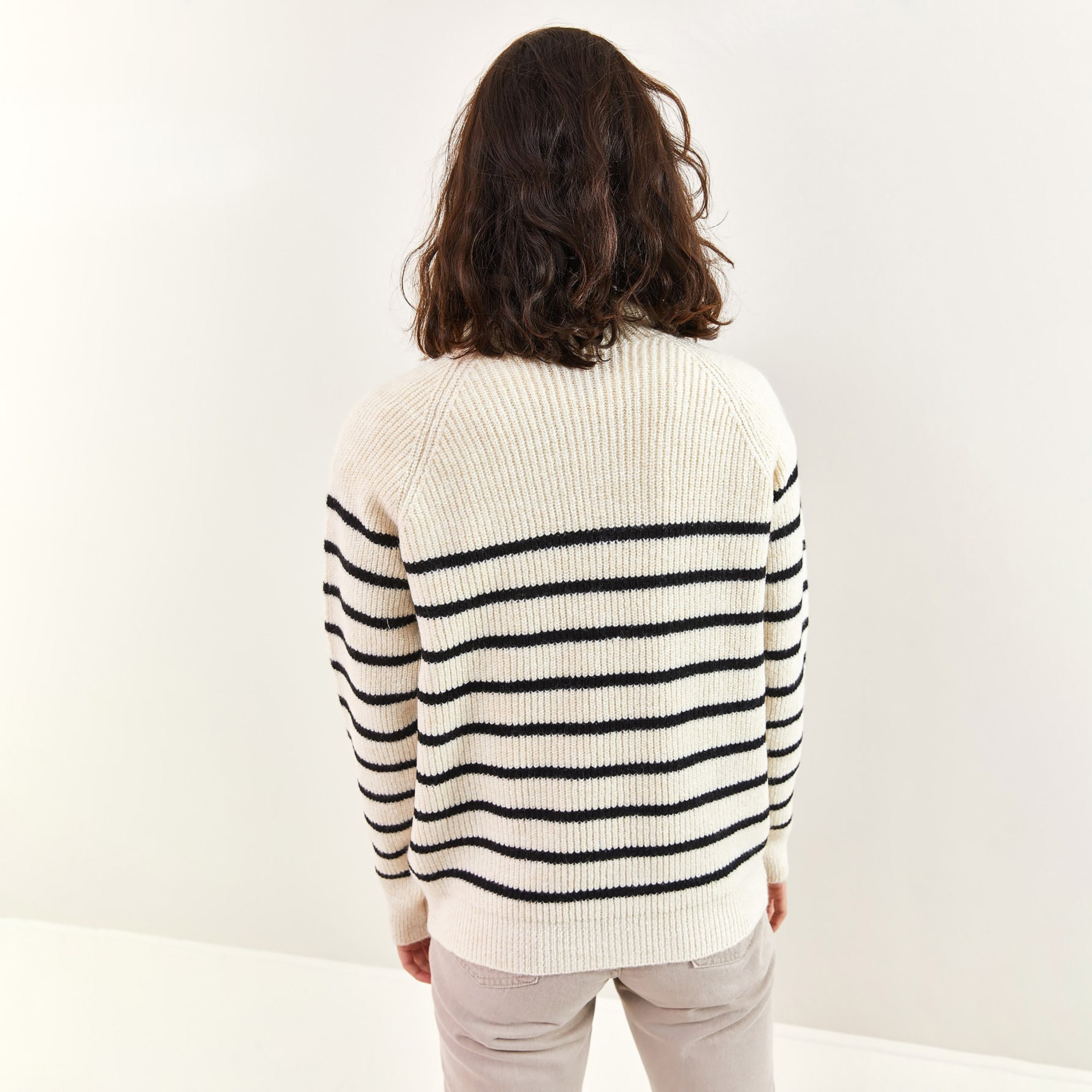 Bianco Lucci Cream Striped Mock Neck Flared Sleeves Women's Sweater-women-clothing-cardigansandjumpers-jumpers-image-3