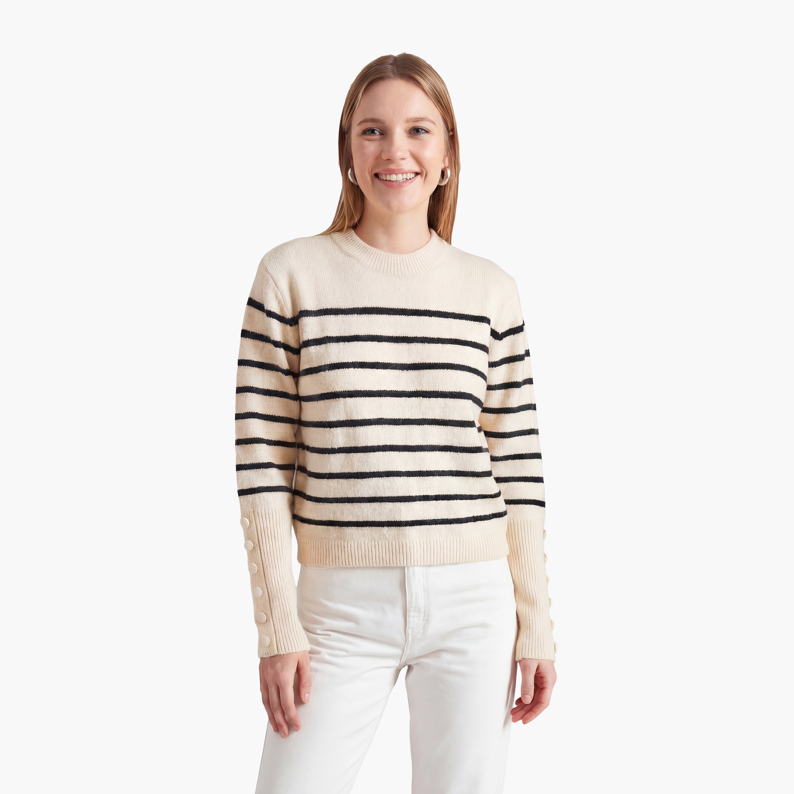 كنزة نسائي بياقة عالية مستعارة وأكمام مكشكشة ومخطط باللون الكريمي من بيانكو لوتشي-women-clothing-cardigansandjumpers-jumpers-image-1