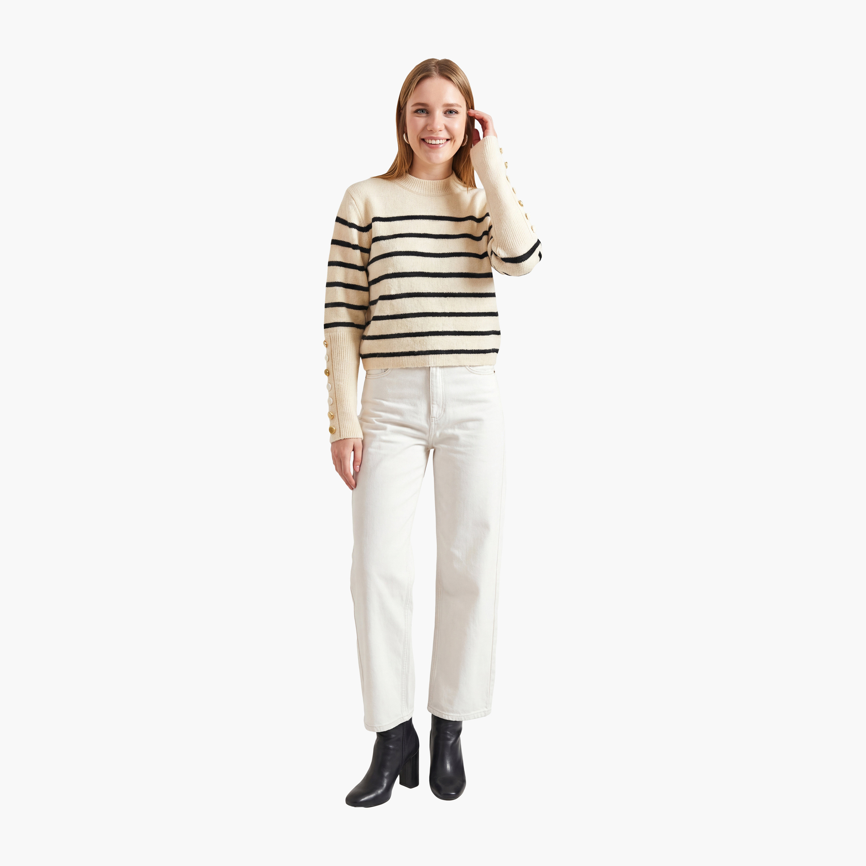 كنزة نسائي بياقة عالية مستعارة وأكمام مكشكشة ومخطط باللون الكريمي من بيانكو لوتشي-women-clothing-cardigansandjumpers-jumpers-image-3