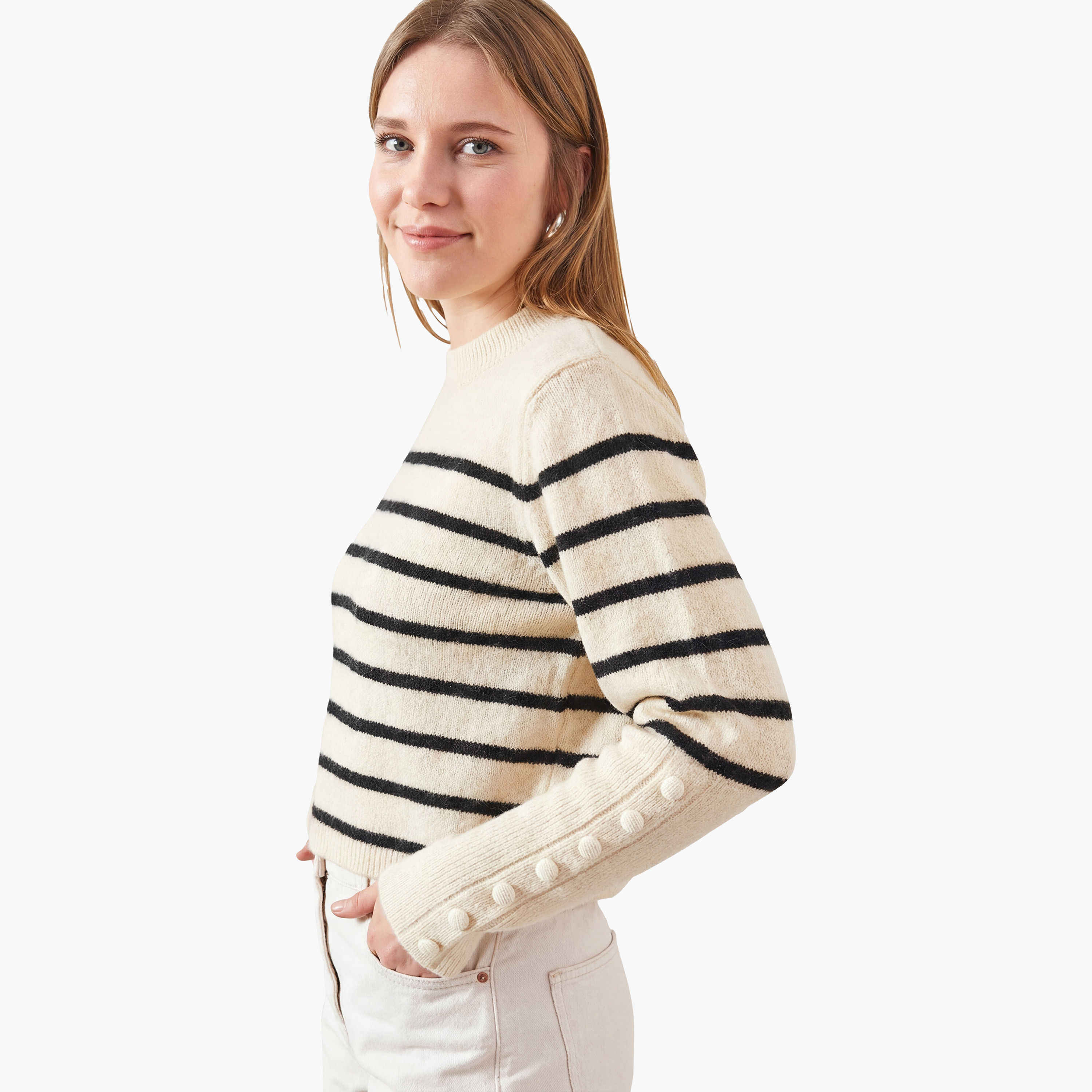 كنزة نسائي بياقة عالية مستعارة وأكمام مكشكشة ومخطط باللون الكريمي من بيانكو لوتشي-women-clothing-cardigansandjumpers-jumpers-image-1