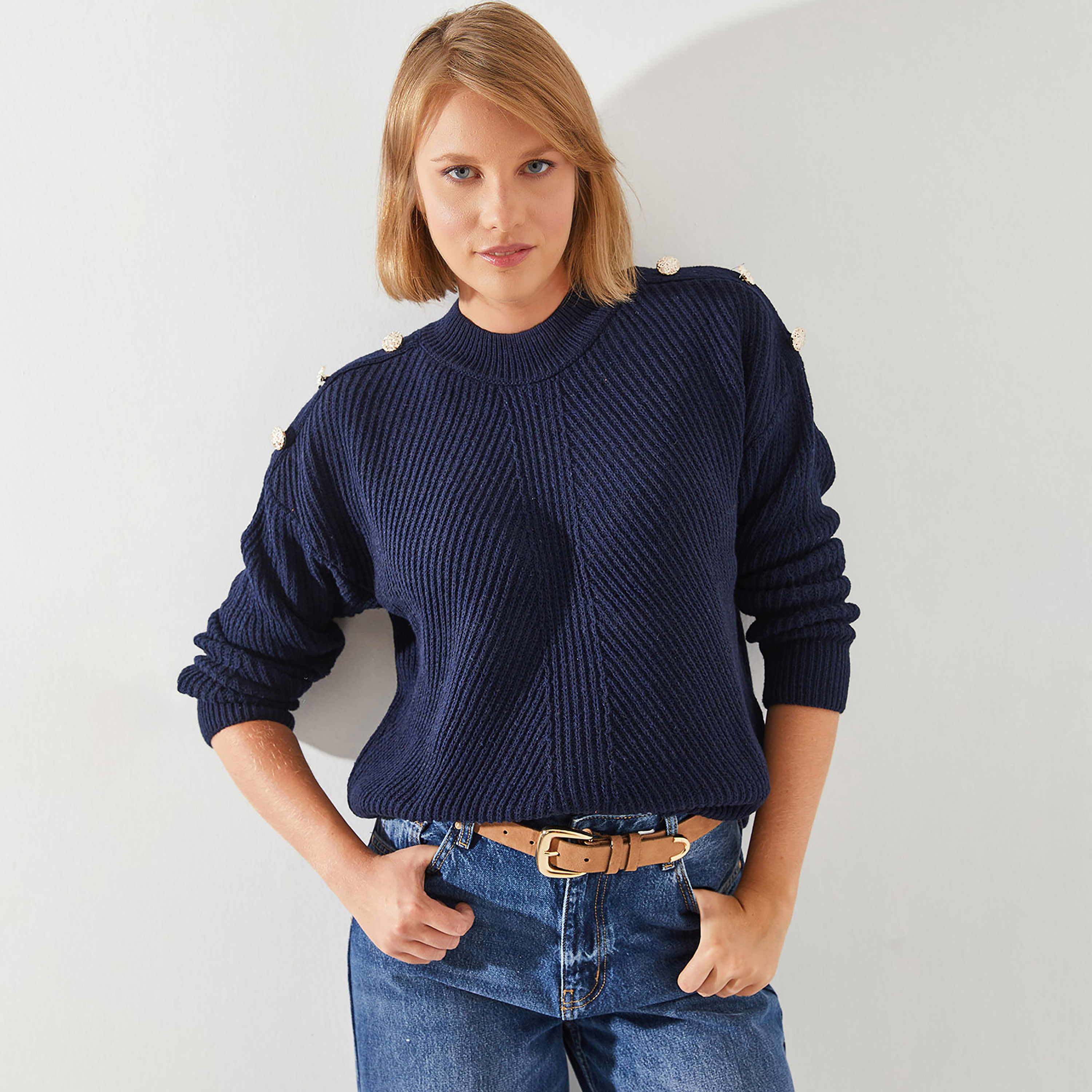 كنزة نسائي مضلع بأكمام منسدلة باللون الأزرق من بيانكو لوتشي-women-clothing-cardigansandjumpers-jumpers-image-1