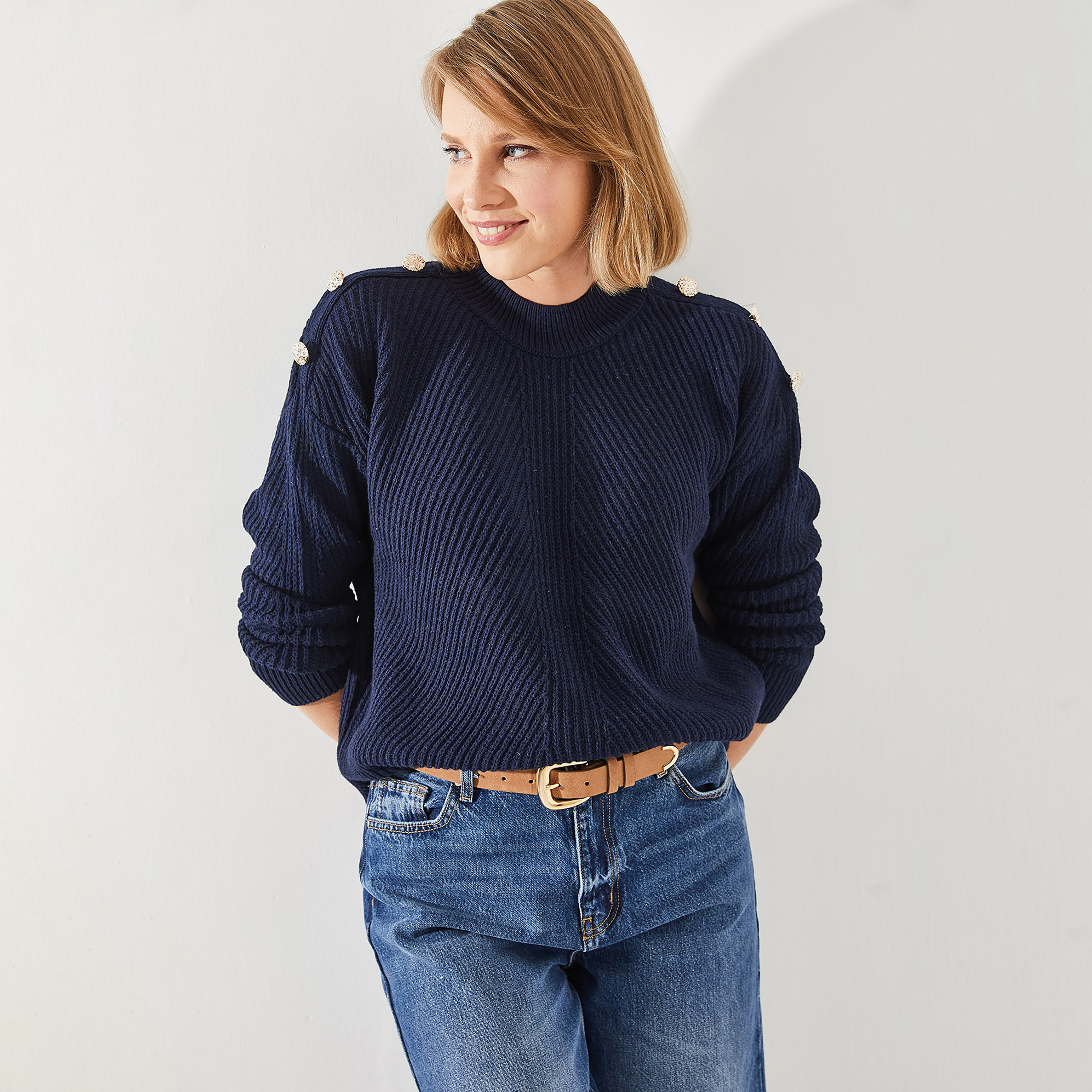 كنزة نسائي مضلع بأكمام منسدلة باللون الأزرق من بيانكو لوتشي-women-clothing-cardigansandjumpers-jumpers-image-2