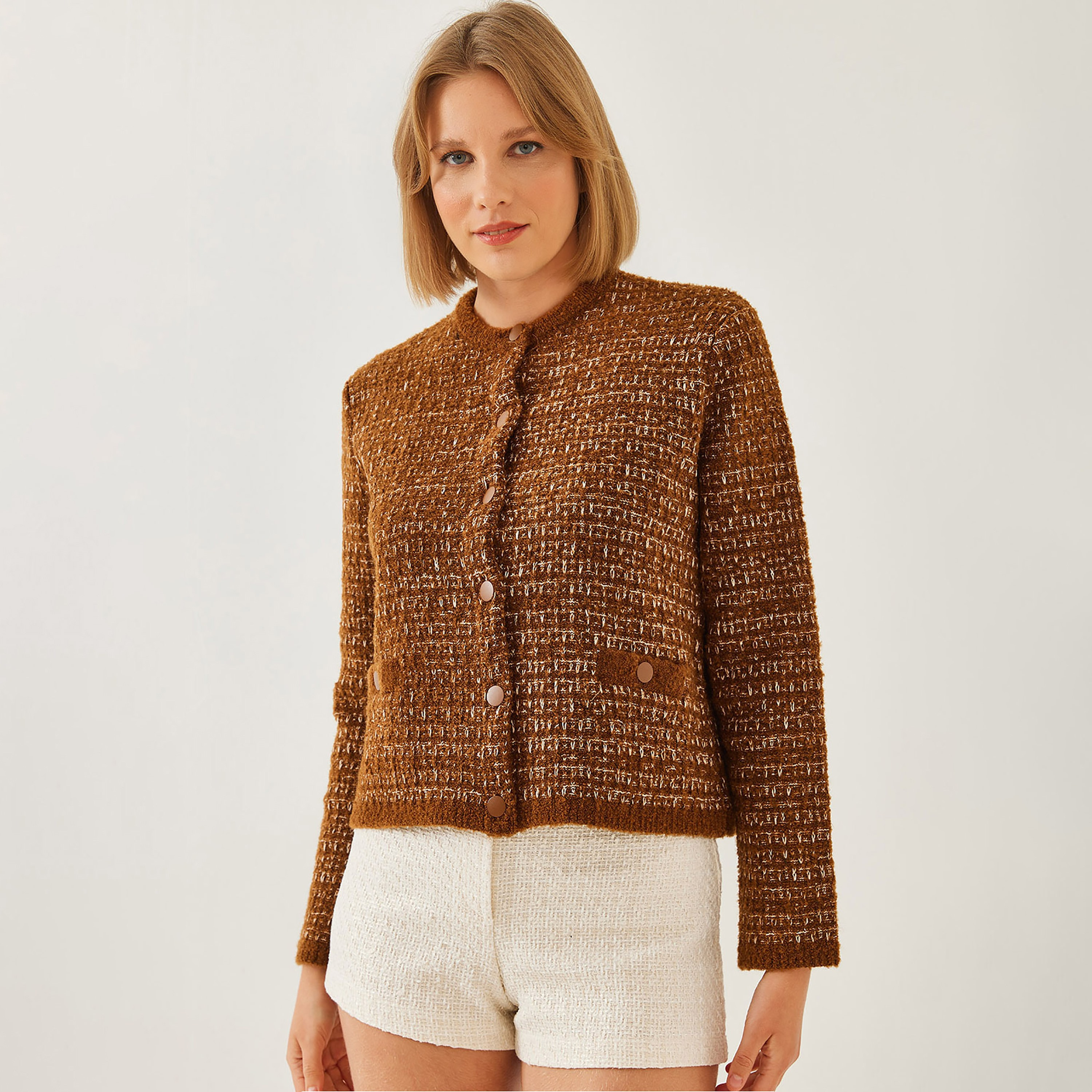 Bianco Lucci Brown Tweed Women's Cardigan-women-winterwear-cardigansandjumpers-cardigans-image-1