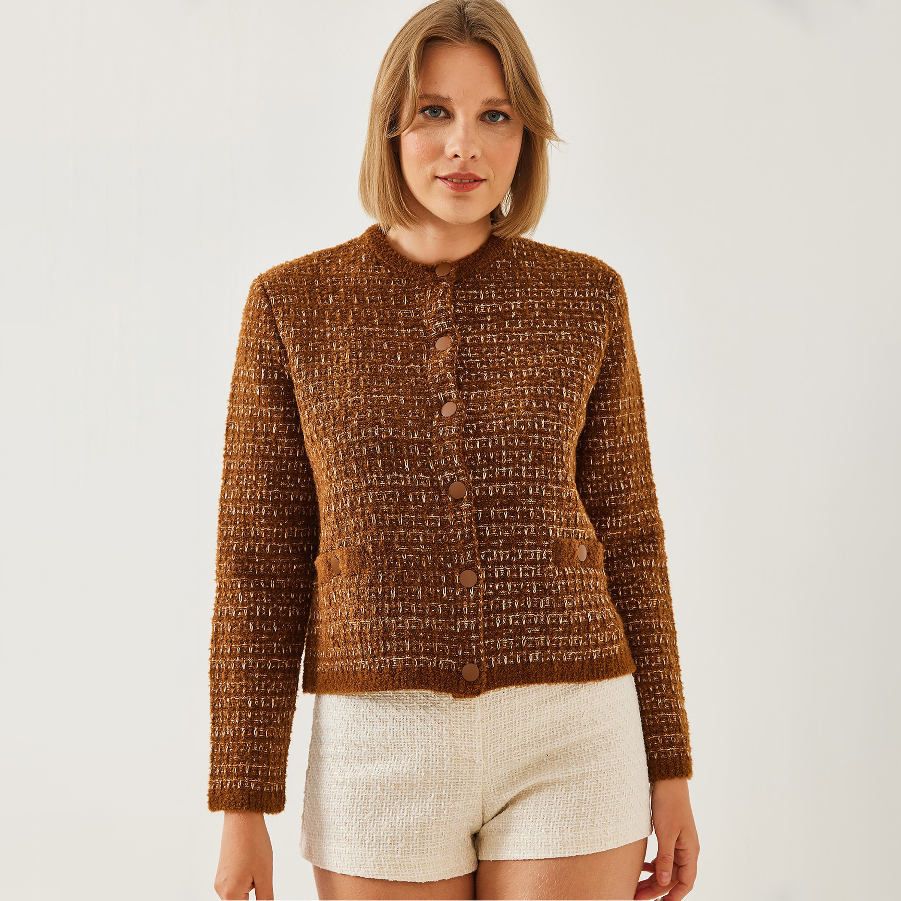 Bianco Lucci Brown Tweed Women's Cardigan-women-winterwear-cardigansandjumpers-cardigans-image-2