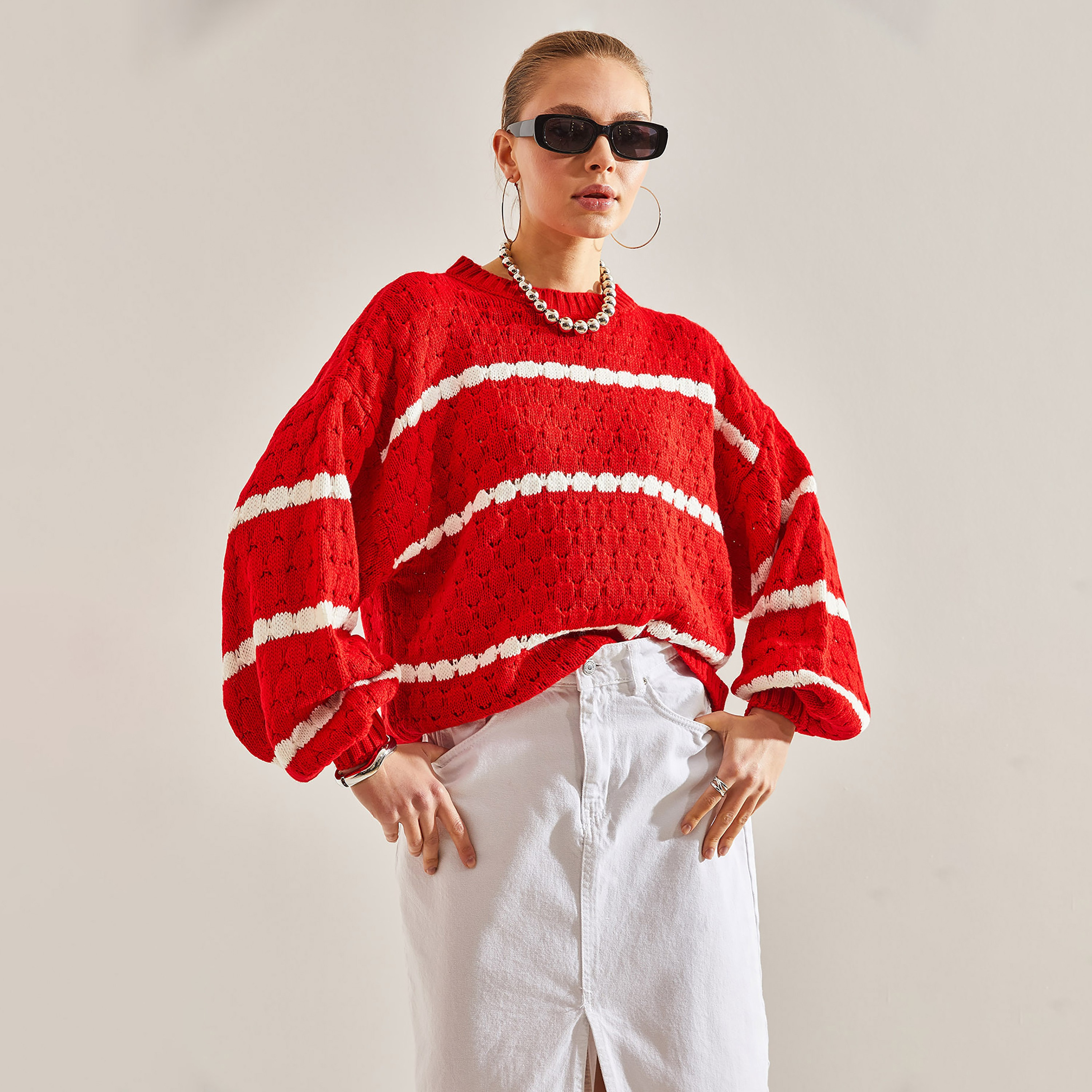 كنزة نسائي محبوك بأكمام منسدلة ومخطط باللون الأحمر من بيانكو لوتشي-women-clothing-cardigansandjumpers-jumpers-image-4
