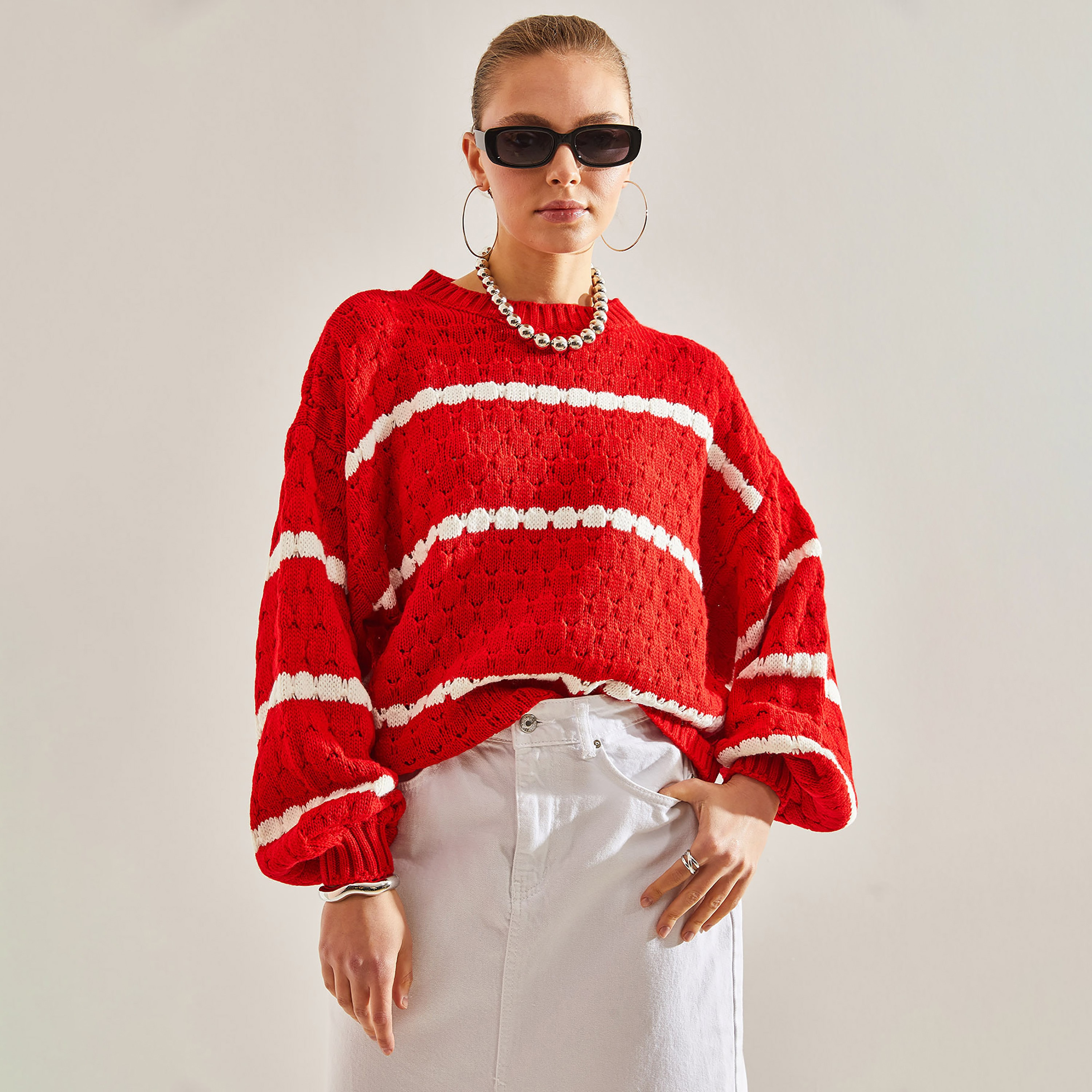 كنزة نسائي محبوك بأكمام منسدلة ومخطط باللون الأحمر من بيانكو لوتشي-women-clothing-cardigansandjumpers-jumpers-image-3