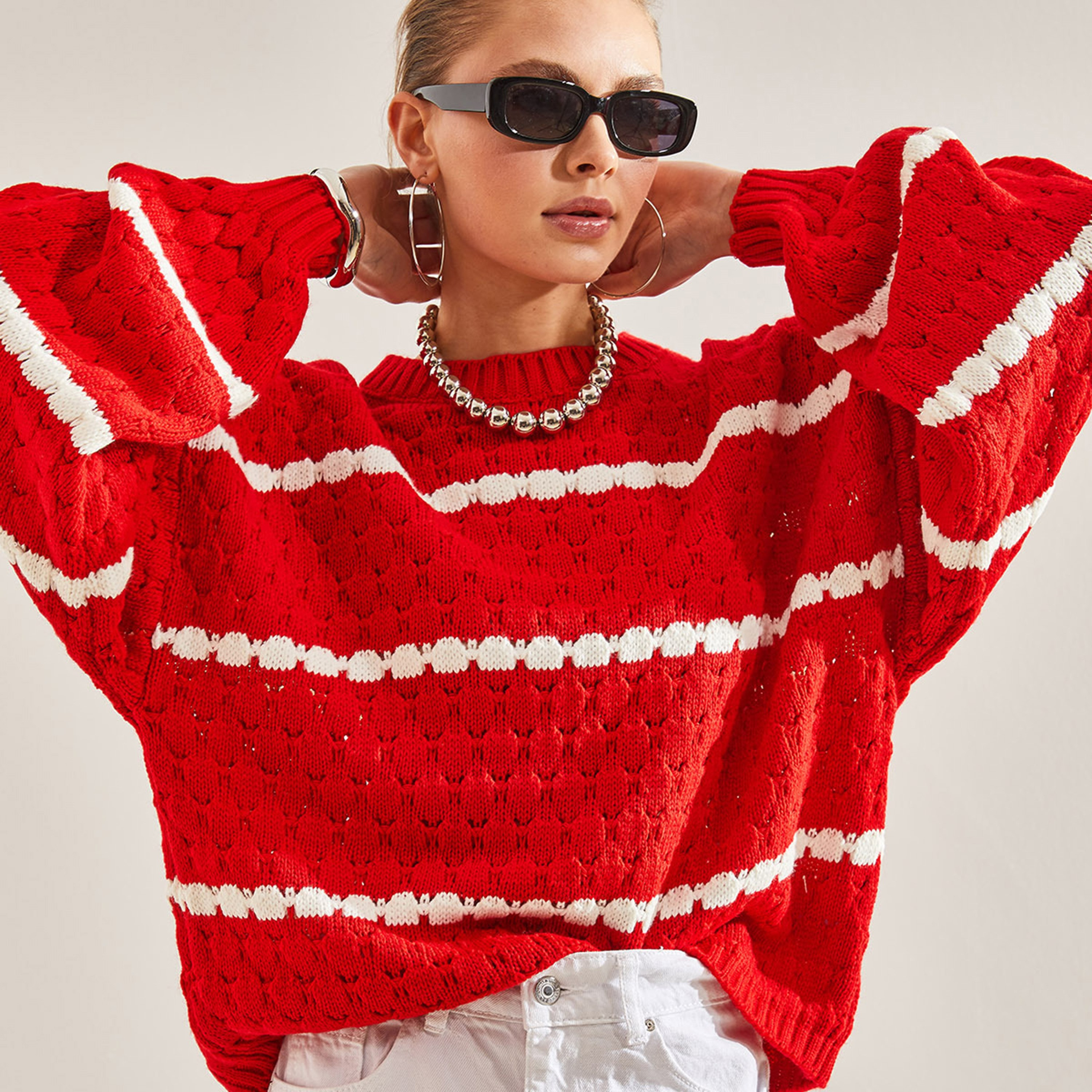 كنزة نسائي محبوك بأكمام منسدلة ومخطط باللون الأحمر من بيانكو لوتشي-women-clothing-cardigansandjumpers-jumpers-image-1