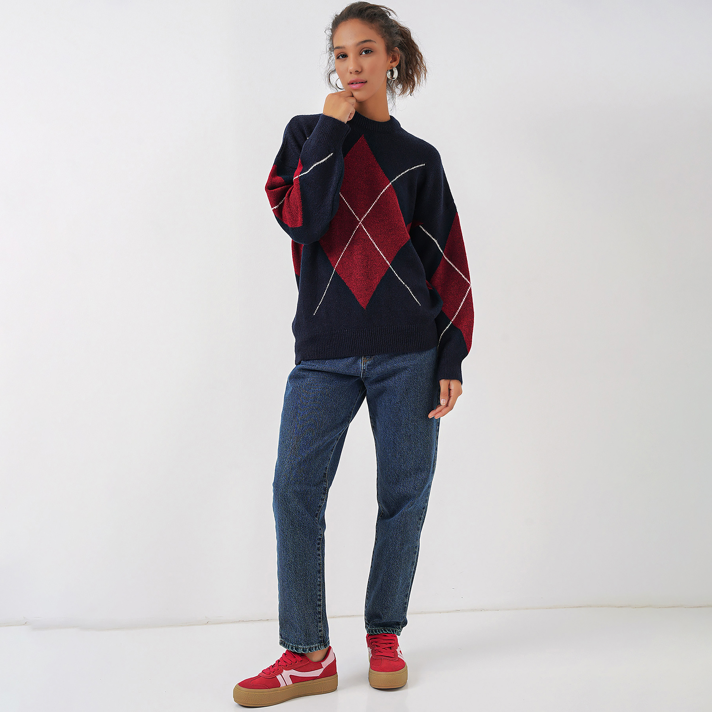 كنزة نسائي بنقشة المعينات وأكمام منسدلة من بيجدارت-women-clothing-cardigansandjumpers-jumpers-image-3