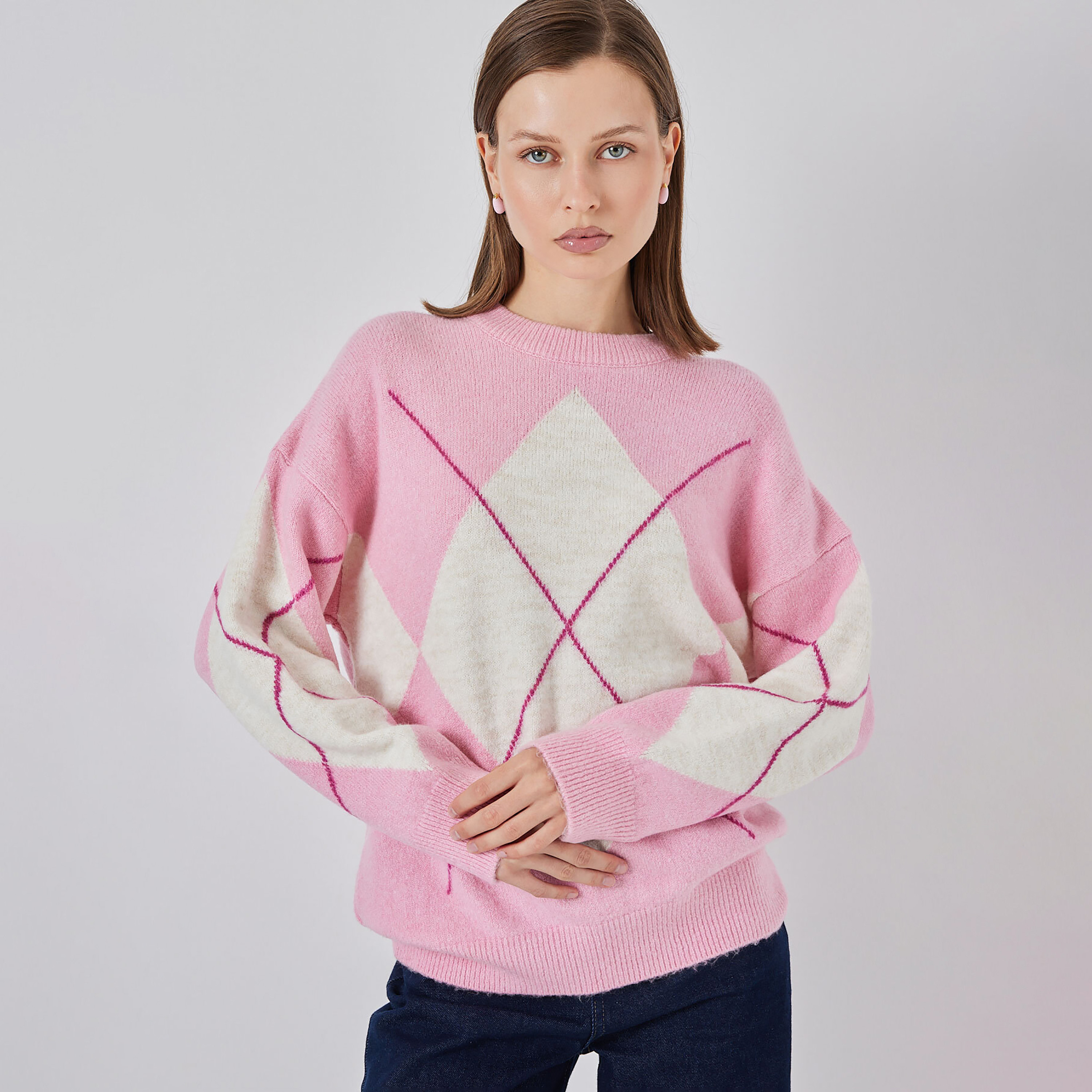 كنزة نسائي بنقشة المعينات وأكمام منسدلة من بيجدارت-women-clothing-cardigansandjumpers-jumpers-image-5
