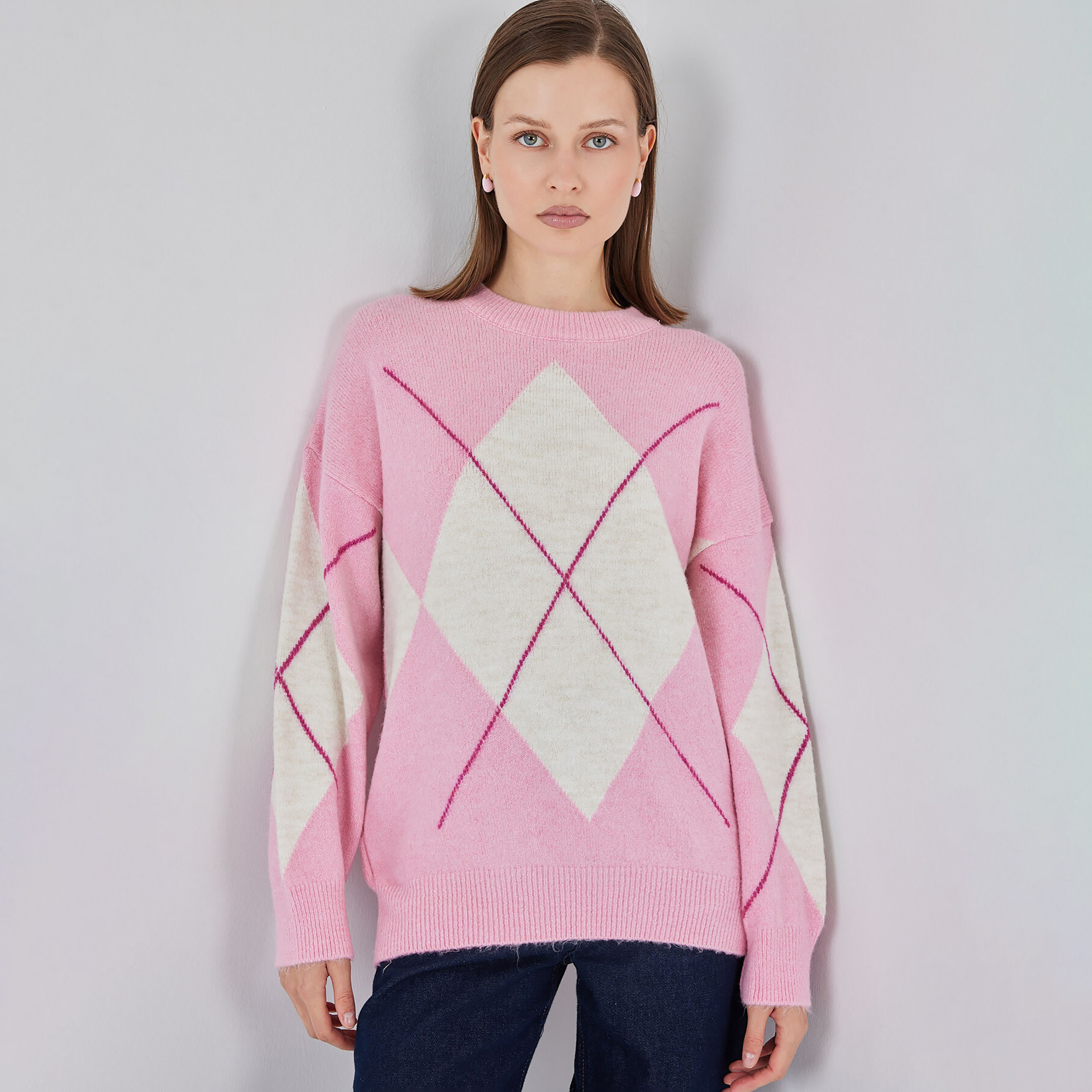 كنزة نسائي بنقشة المعينات وأكمام منسدلة من بيجدارت-women-clothing-cardigansandjumpers-jumpers-image-1